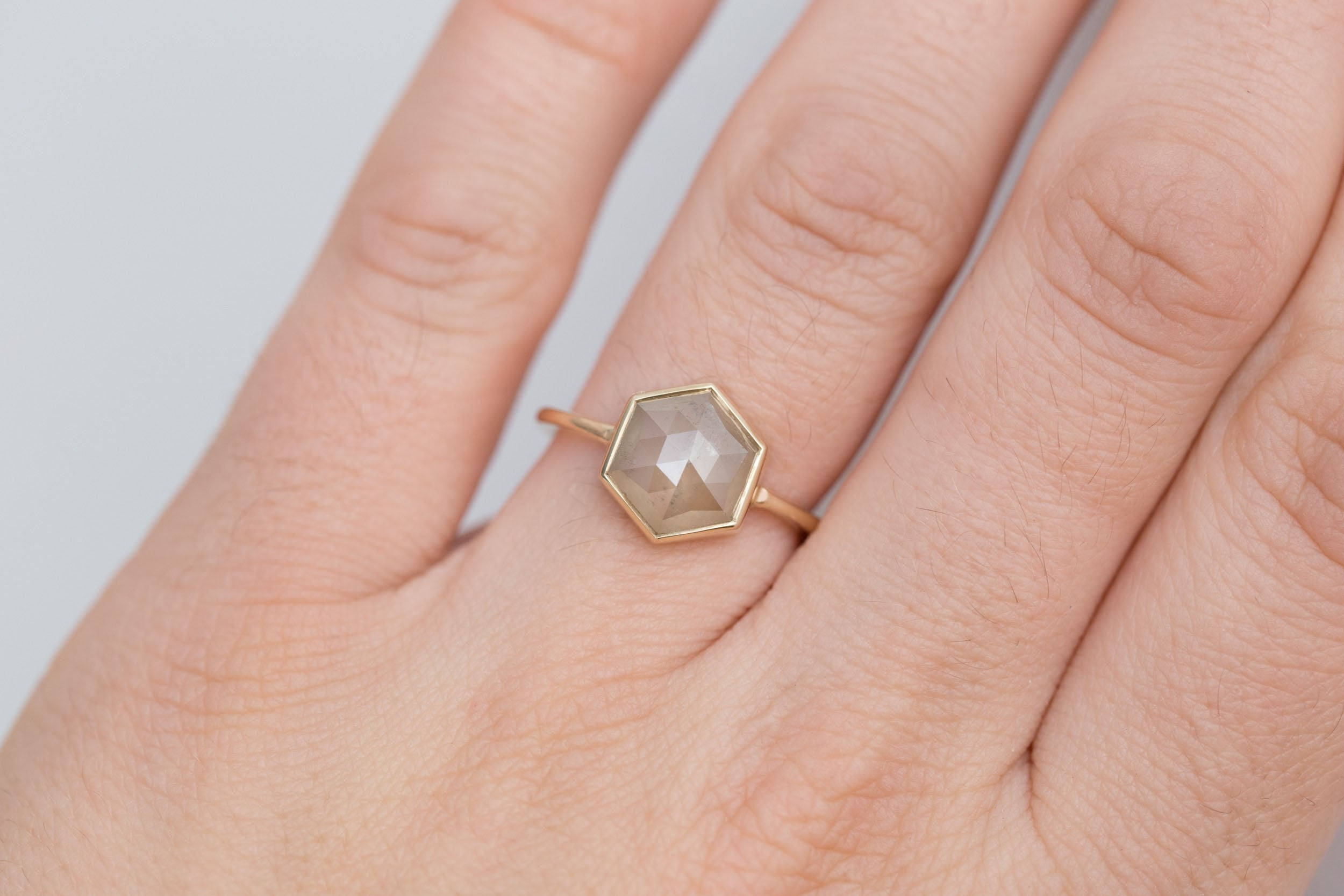 Avens Ring | Champagne Rustic Diamond Hexagon Solitaire 2.51 ct | 14k Recycled Gold | One of a Kind