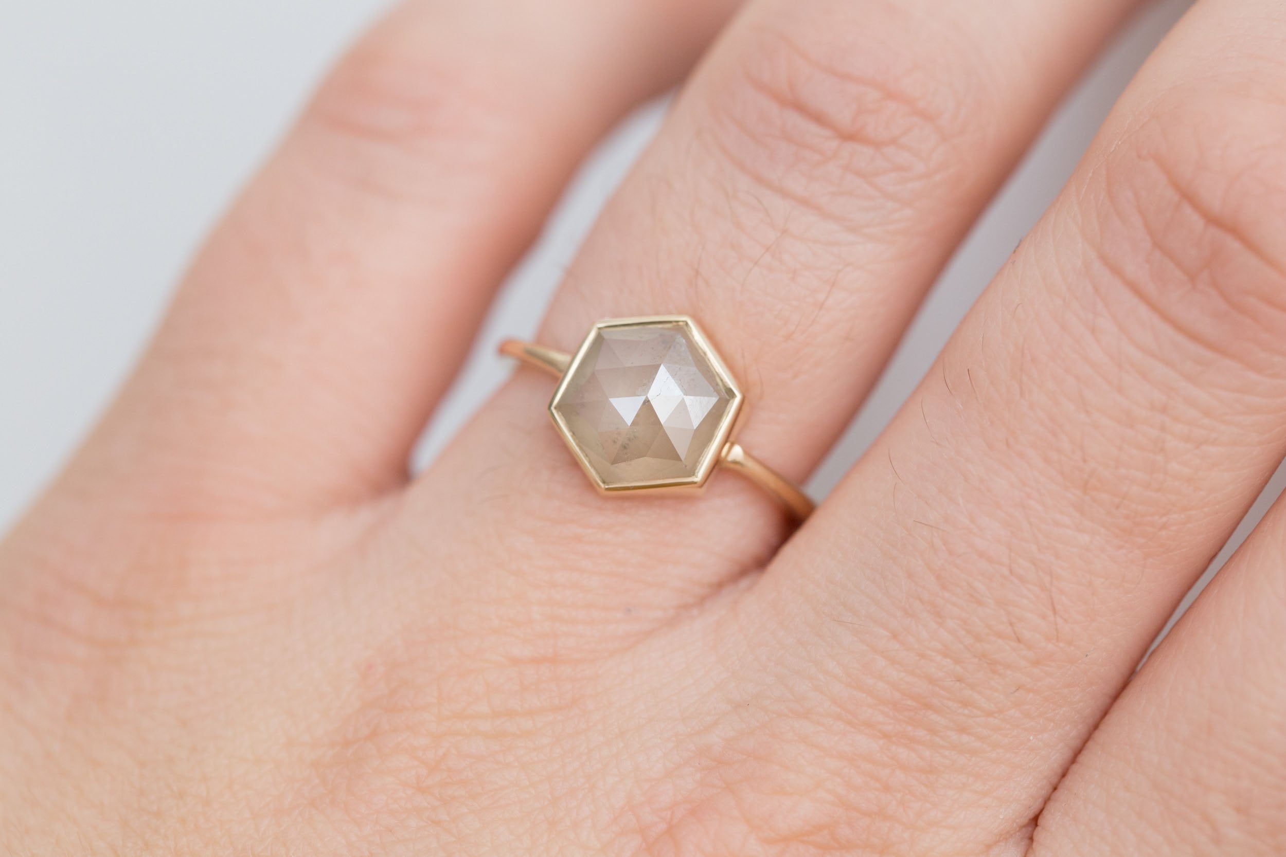 Avens Ring | Champagne Rustic Diamond Hexagon Solitaire 2.51 ct | 14k Recycled Gold | One of a Kind