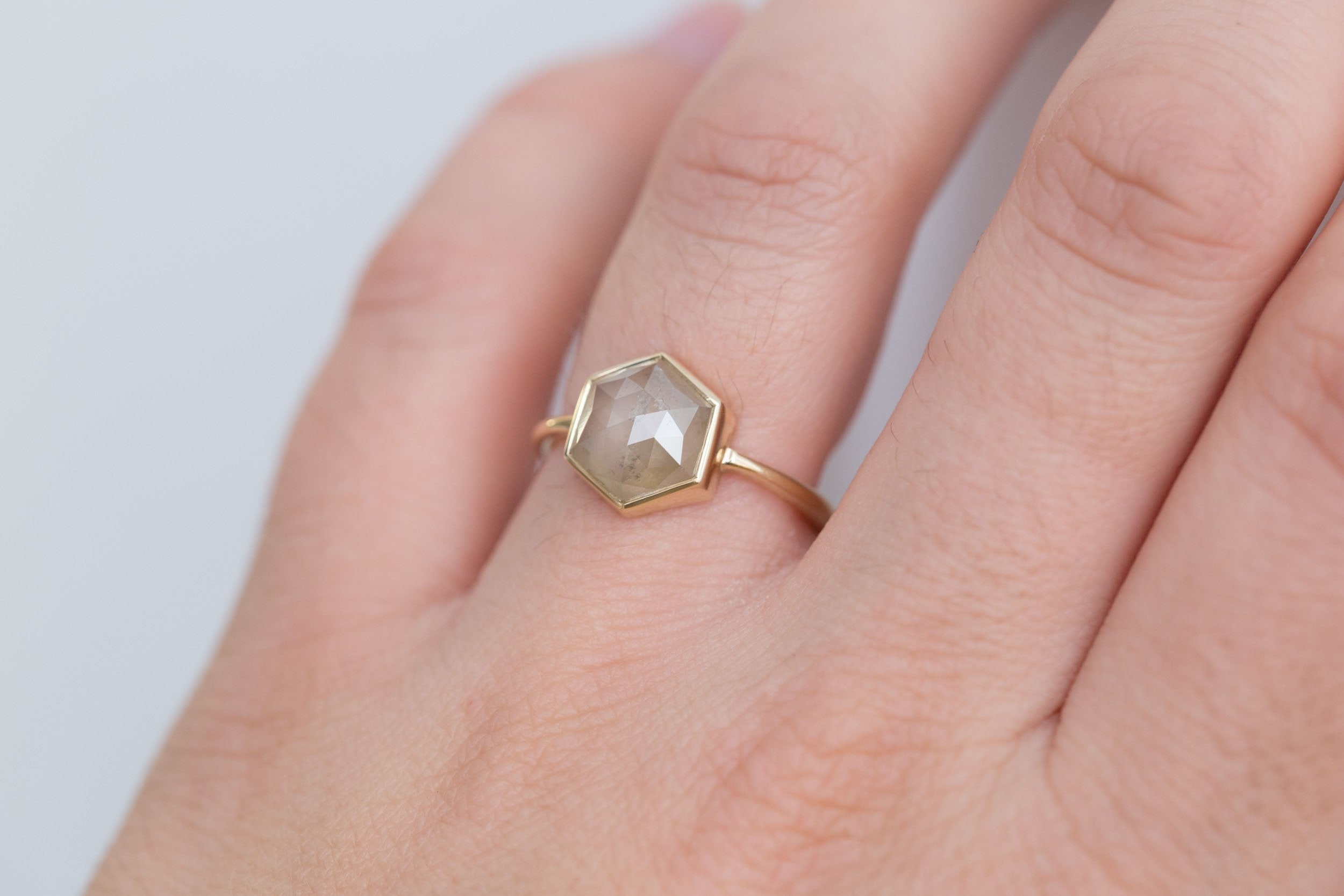 Avens Ring | Champagne Rustic Diamond Hexagon Solitaire 2.51 ct | 14k Recycled Gold | One of a Kind
