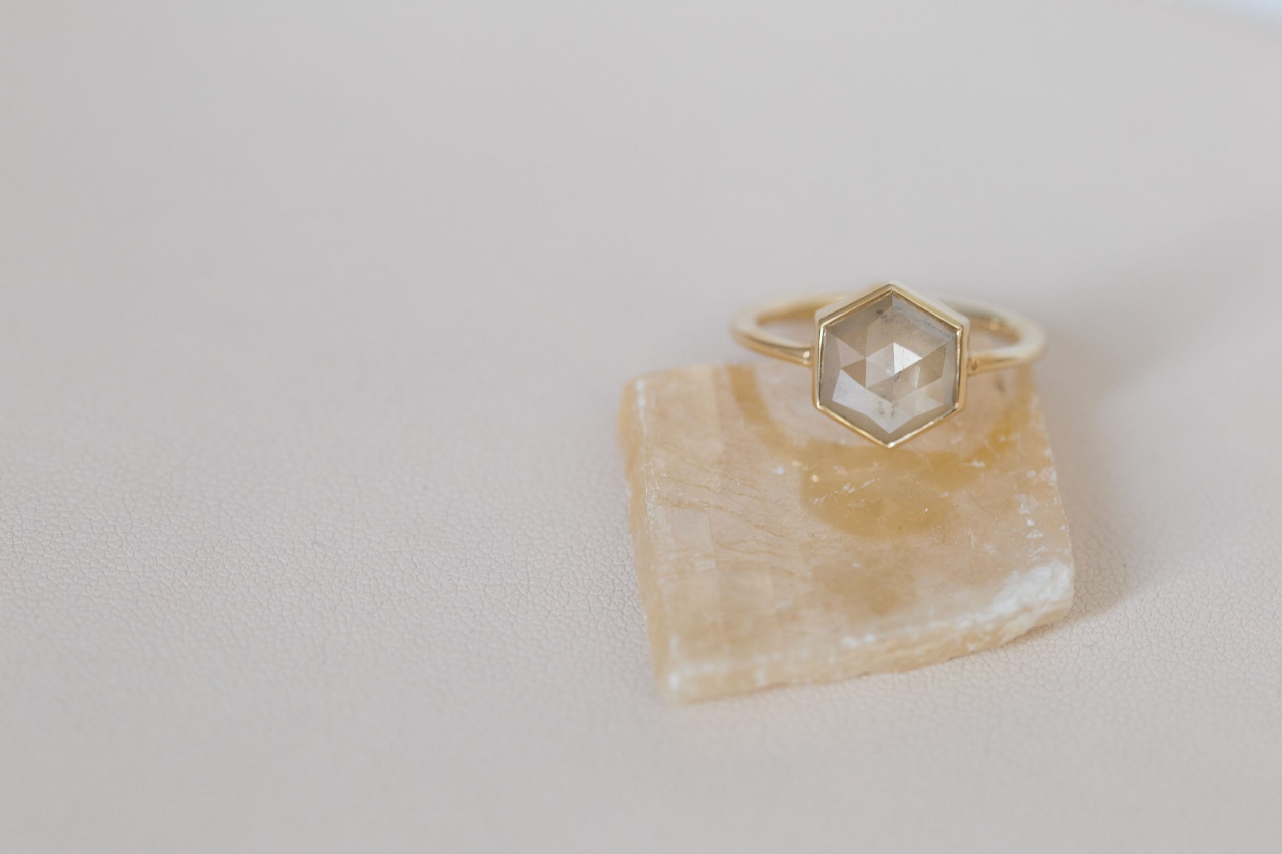 Avens Ring | Champagne Rustic Diamond Hexagon Solitaire 2.51 ct | 14k Recycled Gold | One of a Kind