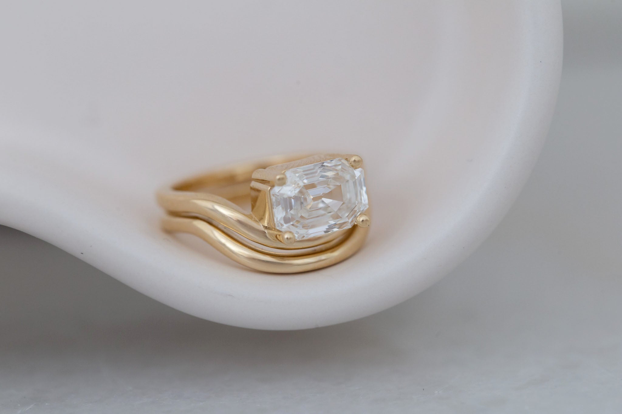 Hayes Ring | Lab Emerald Cut Solitaire + Double Curved Band Engagement Ring 2.51 ct | 14k Recycled Gold | One of a Kind