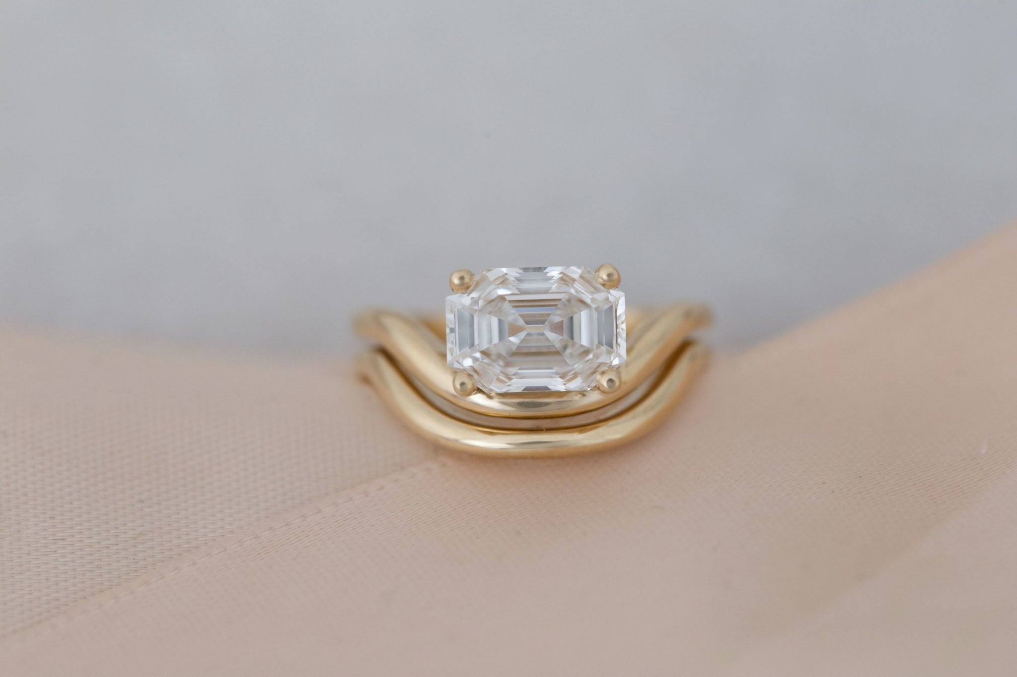 Hayes Ring | Lab Emerald Cut Solitaire + Double Curved Band Engagement Ring 2.51 ct | 14k Recycled Gold | One of a Kind