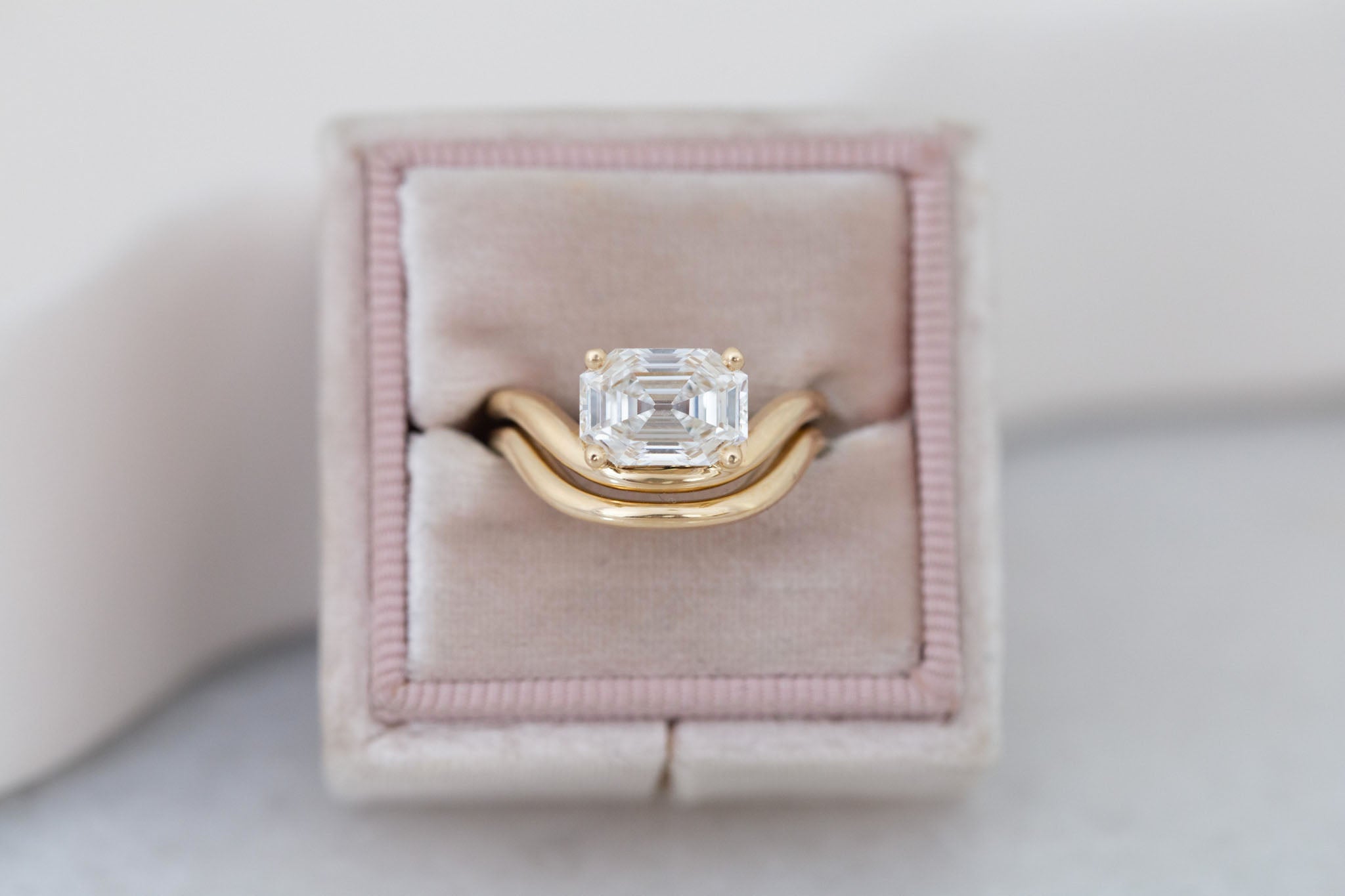 Hayes Ring | Lab Emerald Cut Solitaire + Double Curved Band Engagement Ring 2.51 ct | 14k Recycled Gold | One of a Kind