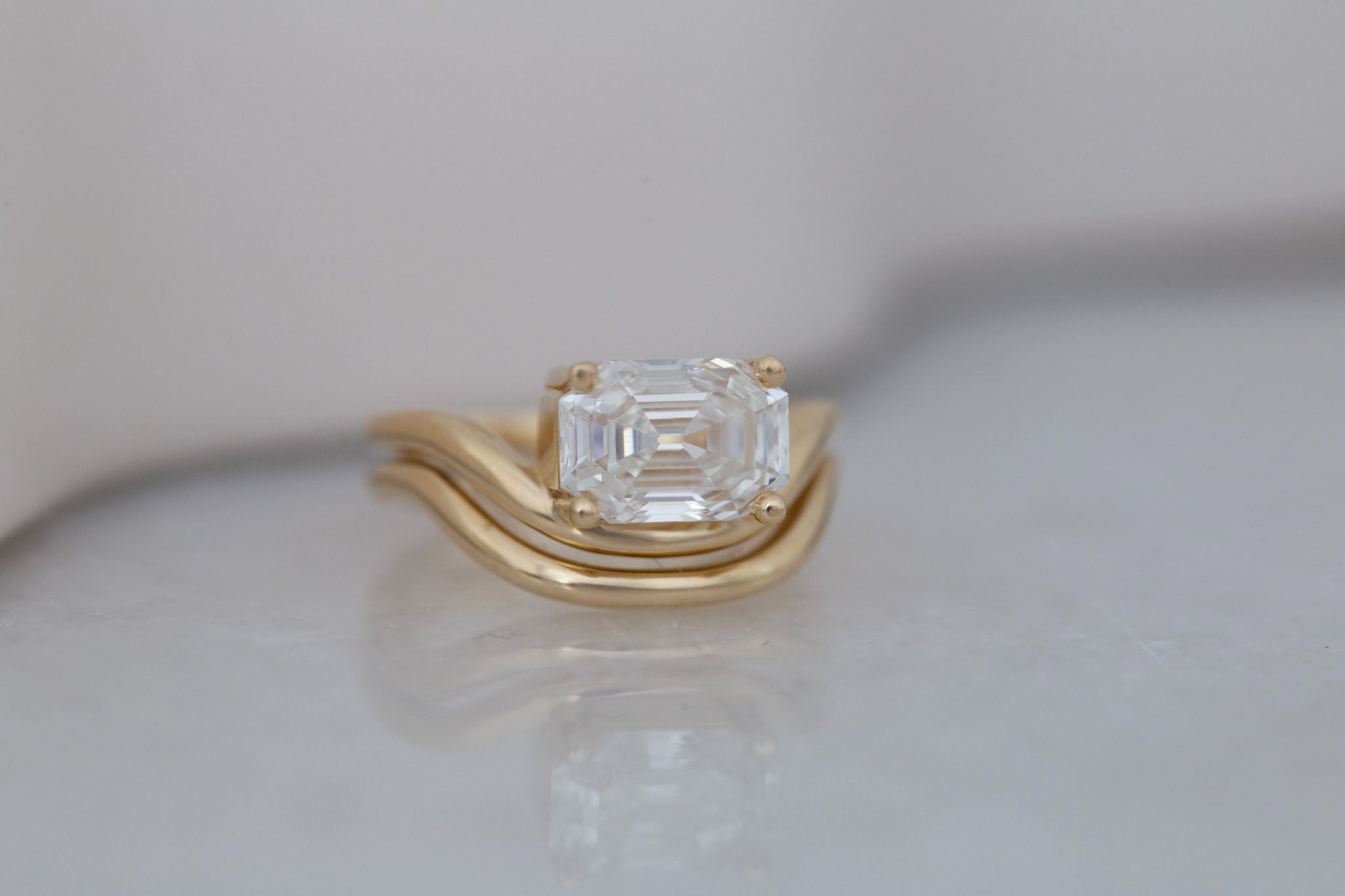 Hayes Ring | Lab Emerald Cut Solitaire + Double Curved Band Engagement Ring 2.51 ct | 14k Recycled Gold | One of a Kind