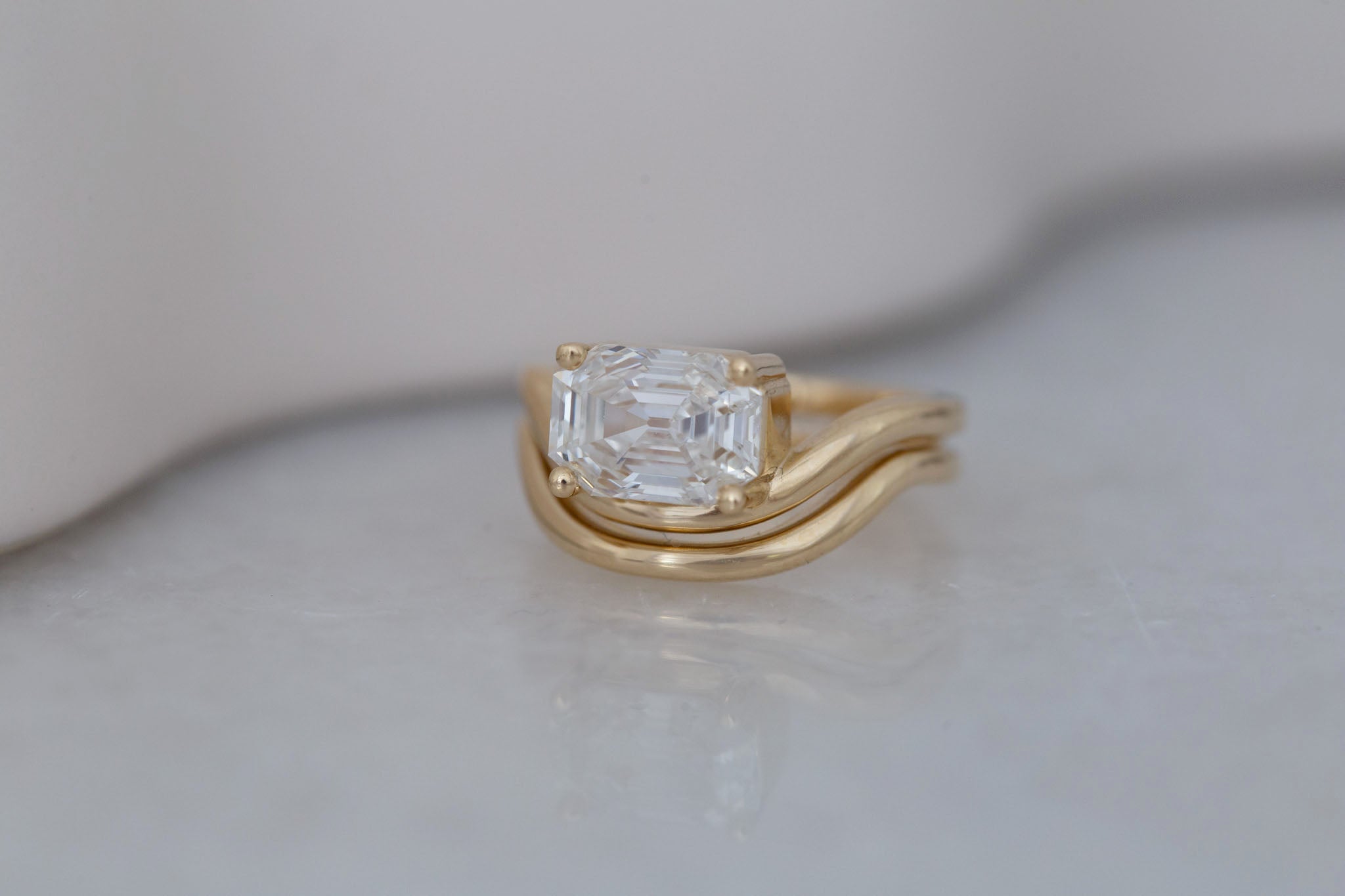 Hayes Ring | Lab Emerald Cut Solitaire + Double Curved Band Engagement Ring 2.51 ct | 14k Recycled Gold | One of a Kind