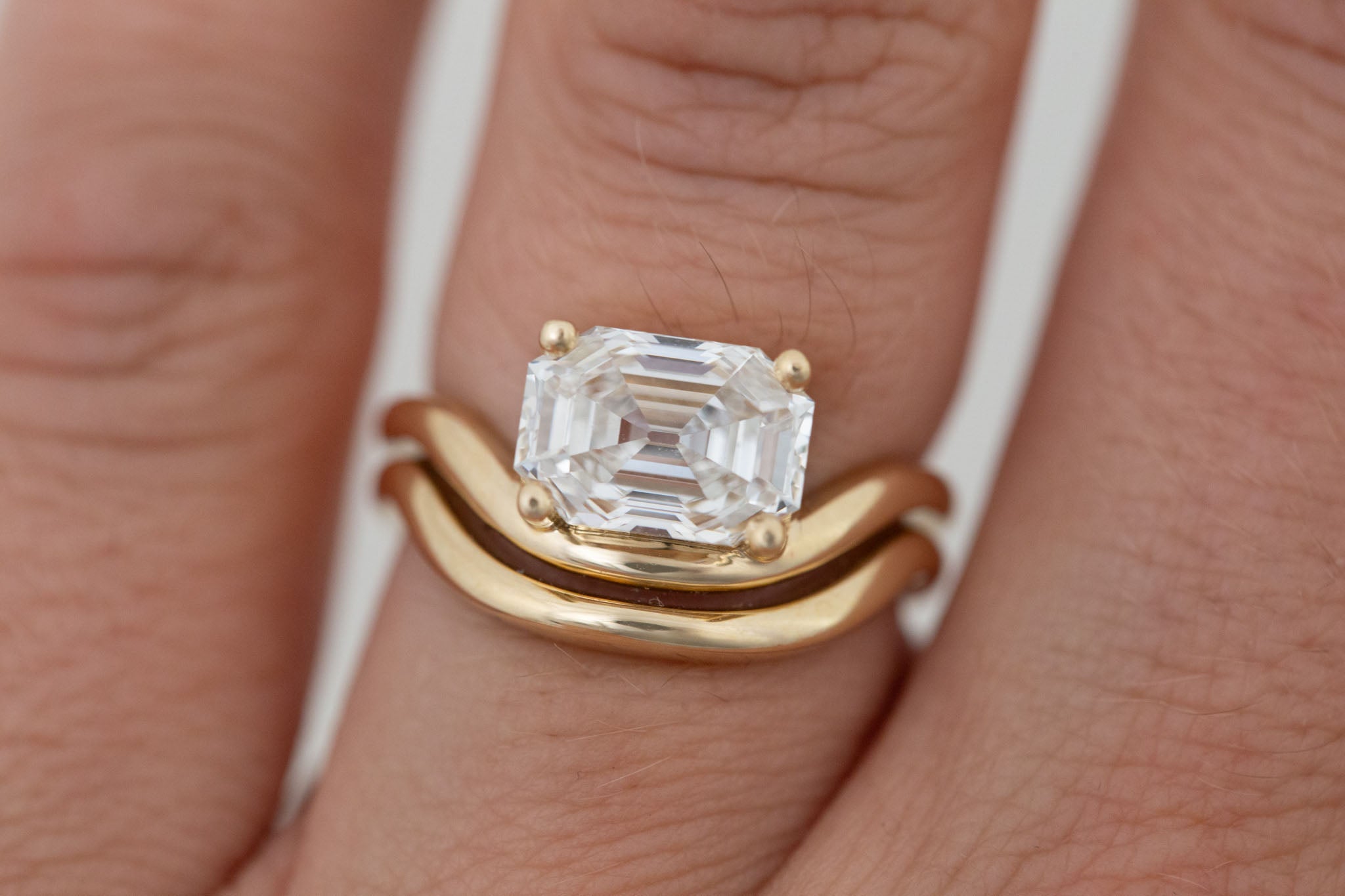 Hayes Ring | Lab Emerald Cut Solitaire + Double Curved Band Engagement Ring 2.51 ct | 14k Recycled Gold | One of a Kind