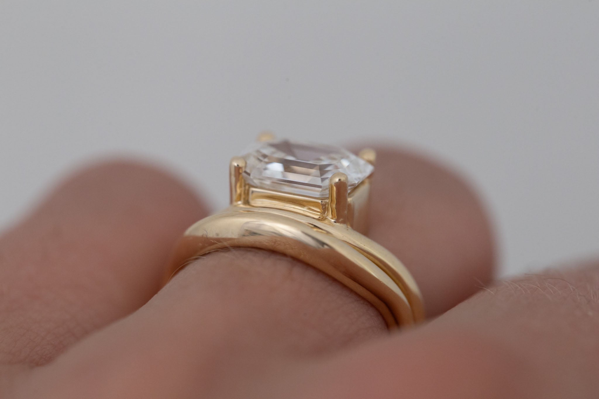 Hayes Ring | Lab Emerald Cut Solitaire + Double Curved Band Engagement Ring 2.51 ct | 14k Recycled Gold | One of a Kind