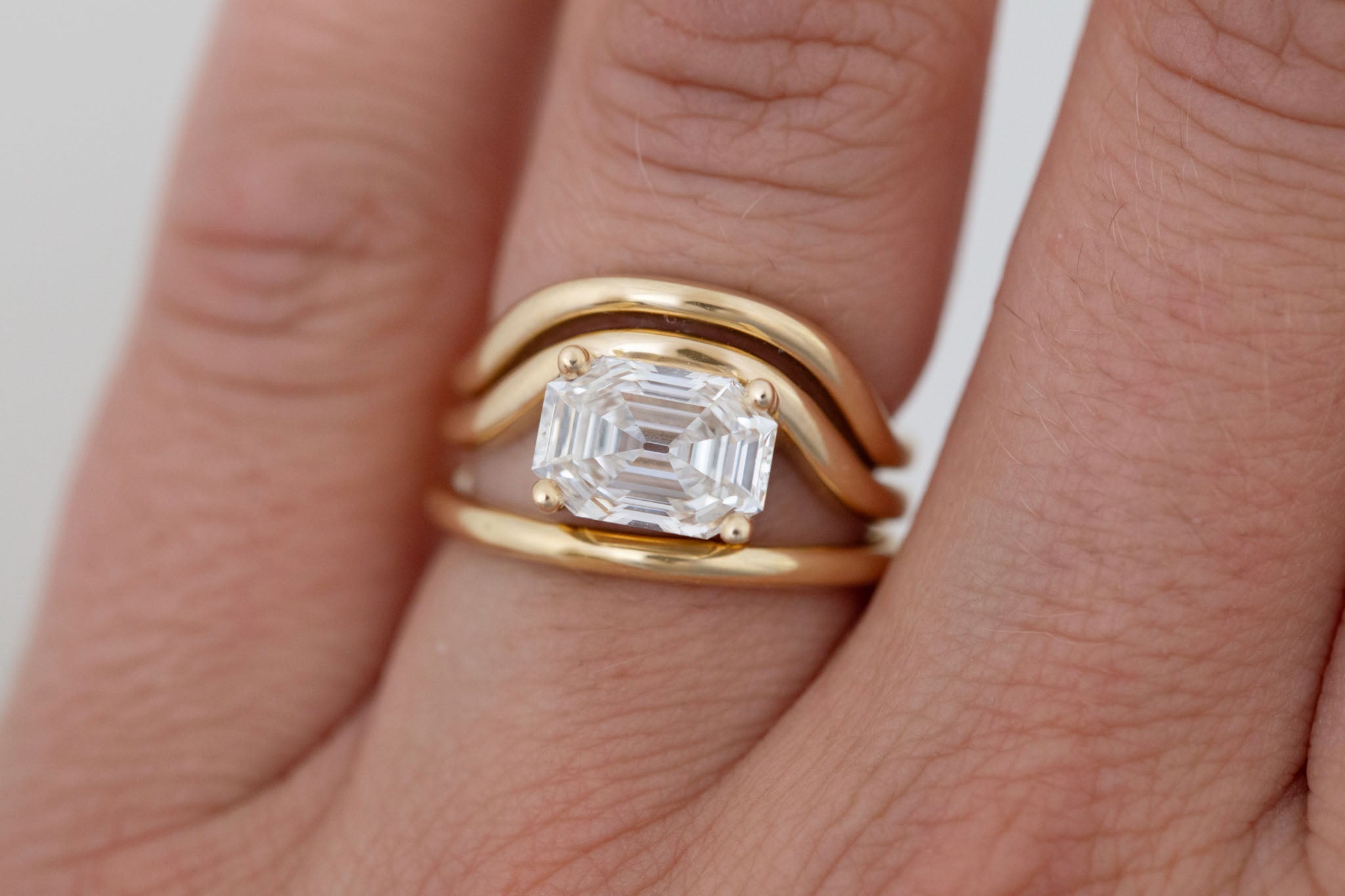 Hayes Ring | Lab Emerald Cut Solitaire + Double Curved Band Engagement Ring 2.51 ct | 14k Recycled Gold | One of a Kind