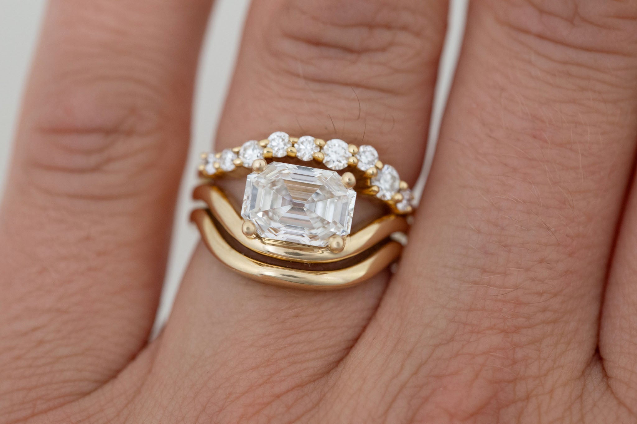 Hayes Ring | Lab Emerald Cut Solitaire + Double Curved Band Engagement Ring 2.51 ct | 14k Recycled Gold | One of a Kind