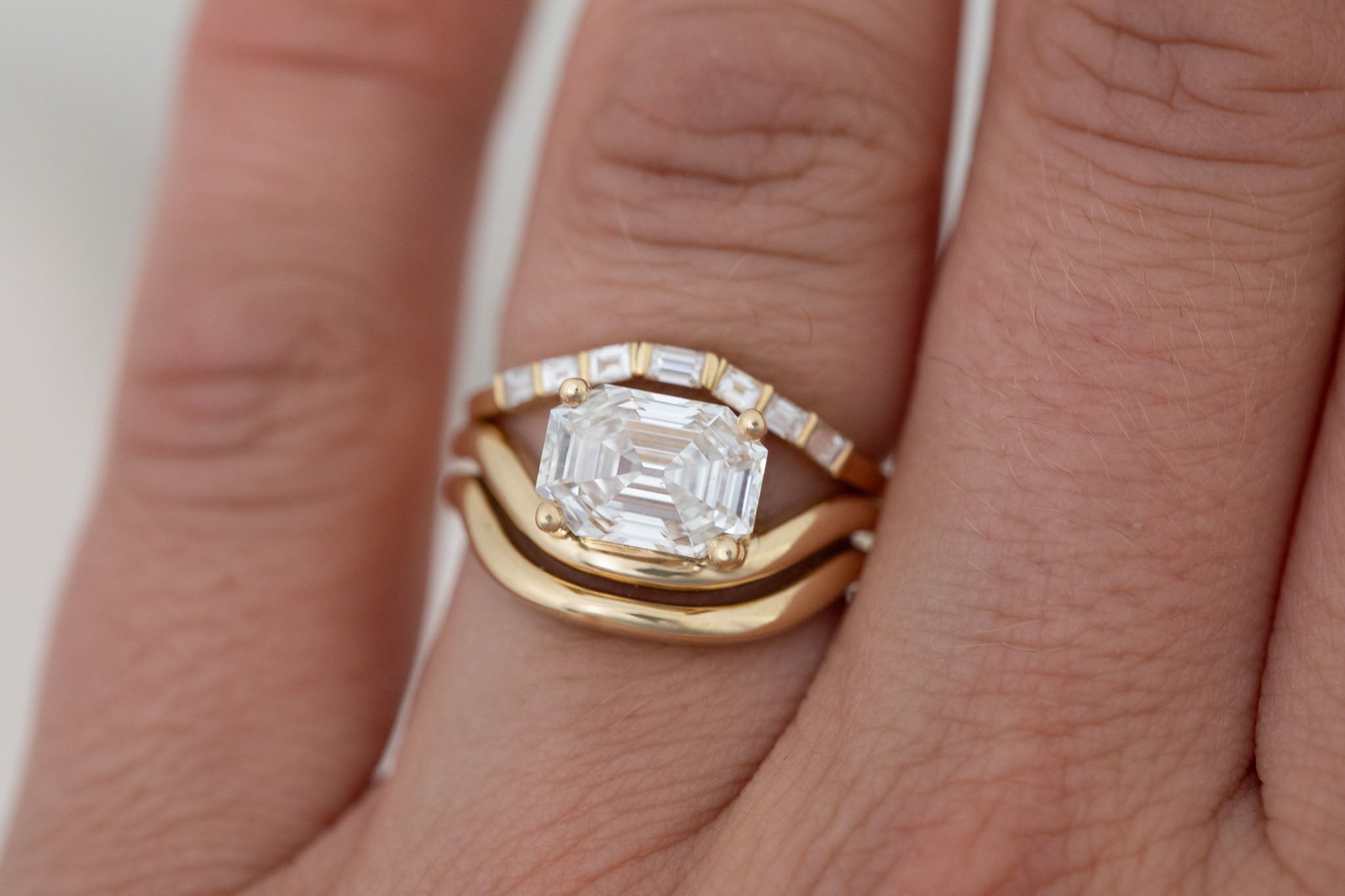 Hayes Ring | Lab Emerald Cut Solitaire + Double Curved Band Engagement Ring 2.51 ct | 14k Recycled Gold | One of a Kind