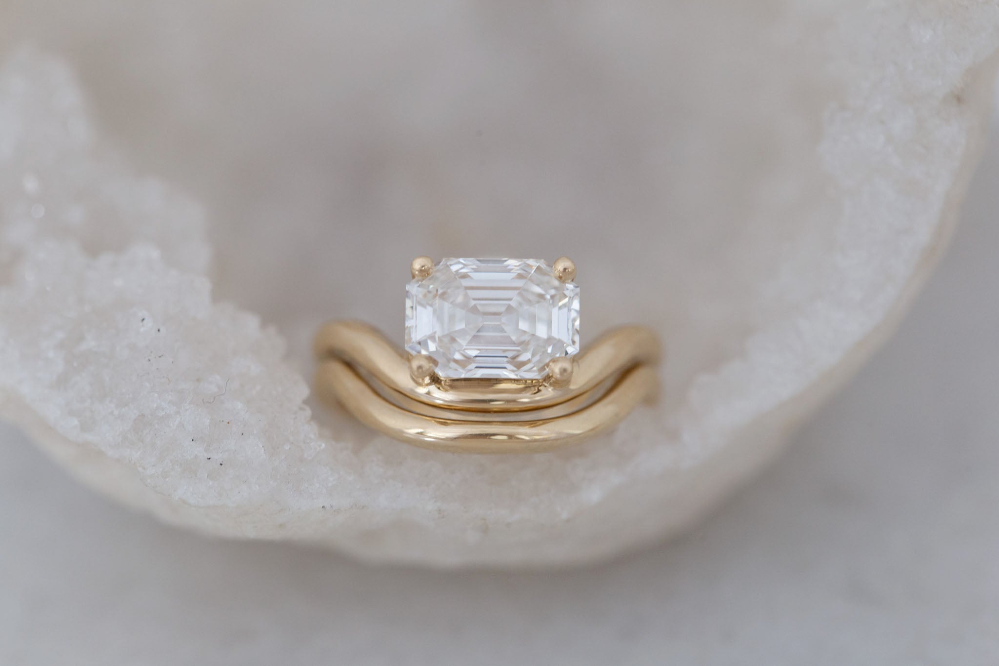Hayes Ring | Lab Emerald Cut Solitaire + Double Curved Band Engagement Ring 2.51 ct | 14k Recycled Gold | One of a Kind