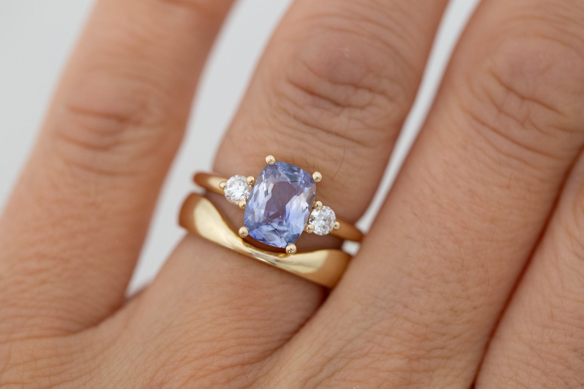 Maeve Ring | Bicolor Lavender Cushion Sapphire + Round Diamond Accent Engagement Ring 2.52 ct | 14k Recycled Gold | One of a Kind