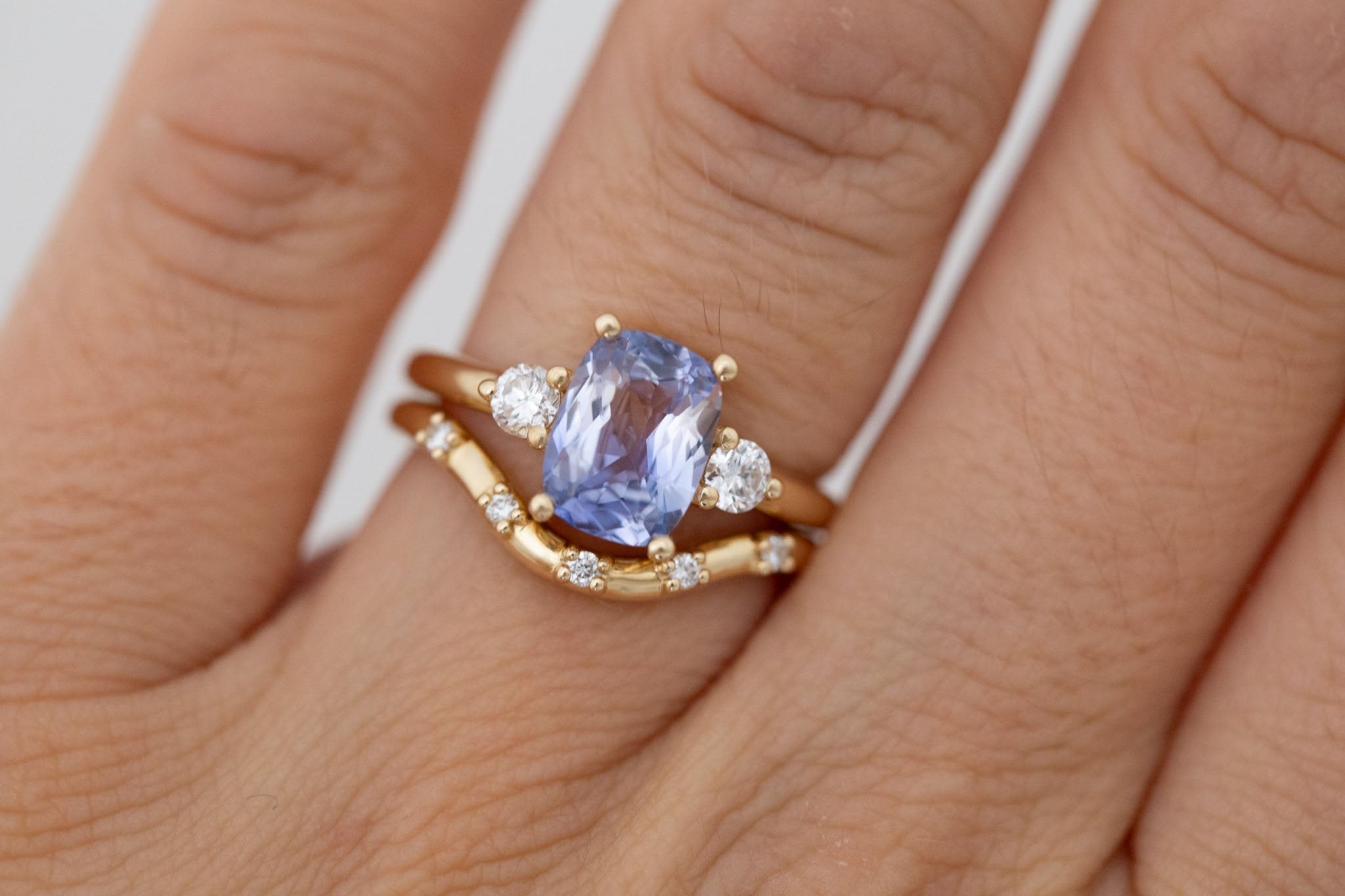 Maeve Ring | Bicolor Lavender Cushion Sapphire + Round Diamond Accent Engagement Ring 2.52 ct | 14k Recycled Gold | One of a Kind