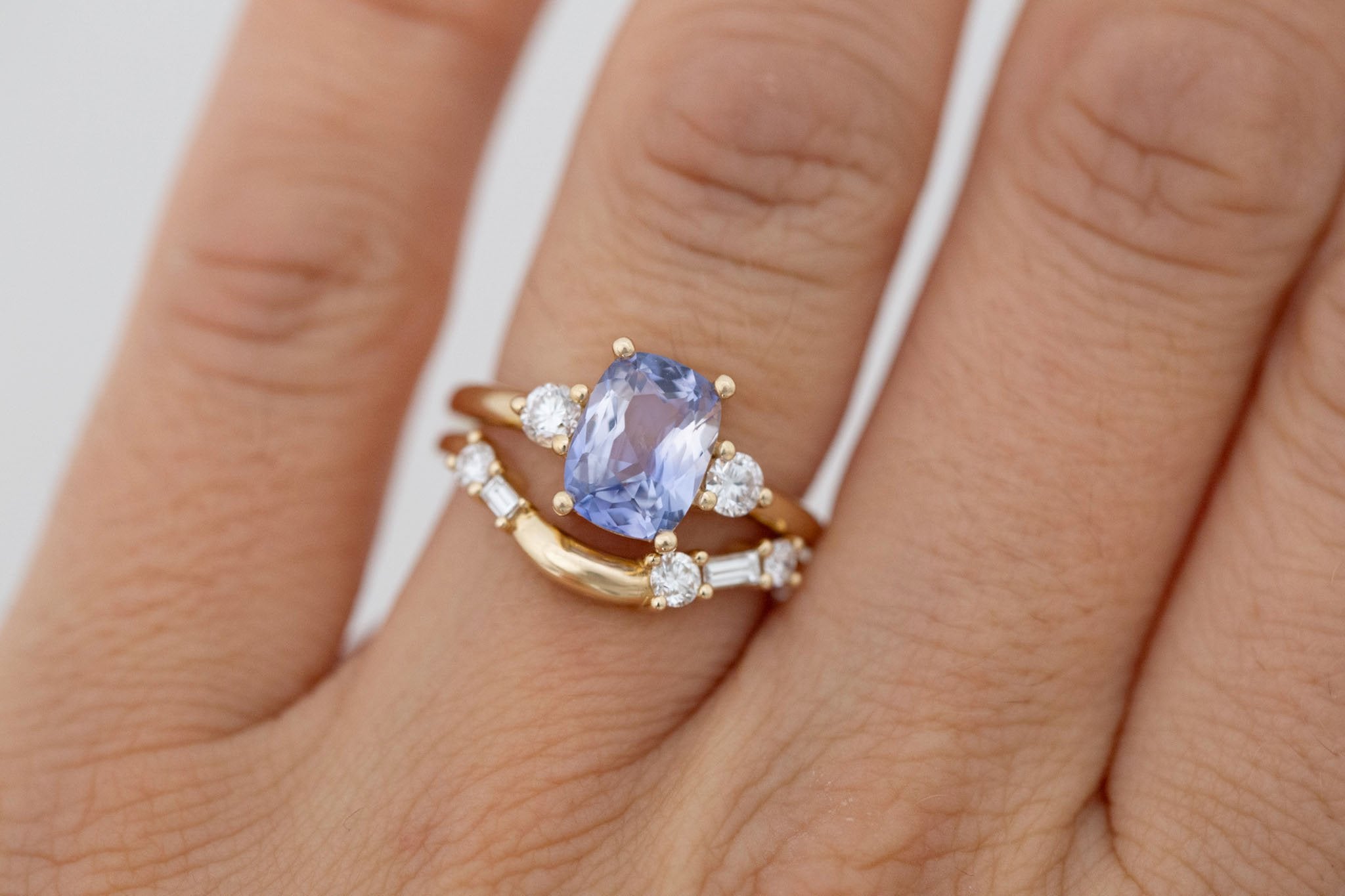 Maeve Ring | Bicolor Lavender Cushion Sapphire + Round Diamond Accent Engagement Ring 2.52 ct | 14k Recycled Gold | One of a Kind