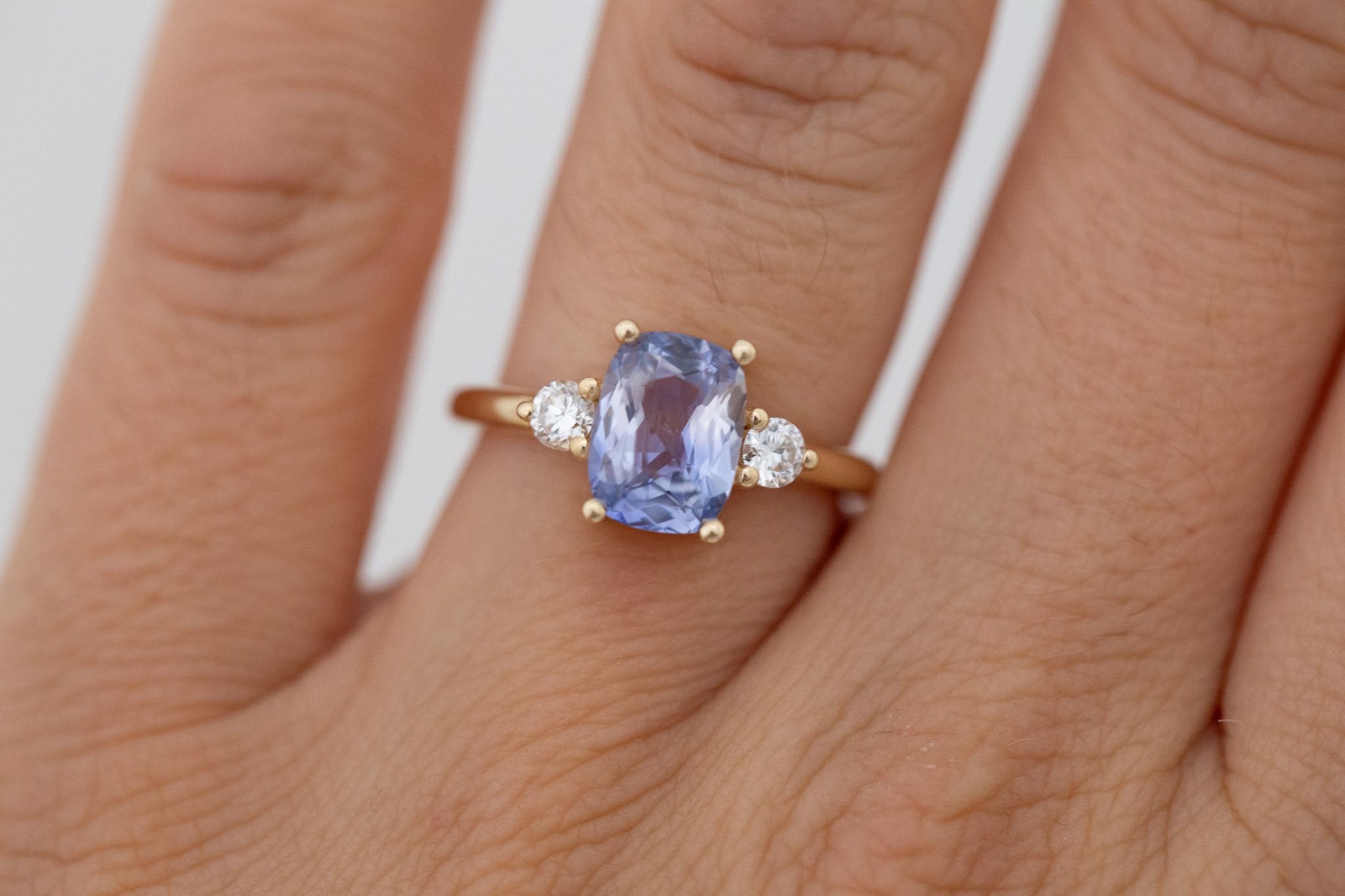 Maeve Ring | Bicolor Lavender Cushion Sapphire + Round Diamond Accent Engagement Ring 2.52 ct | 14k Recycled Gold | One of a Kind