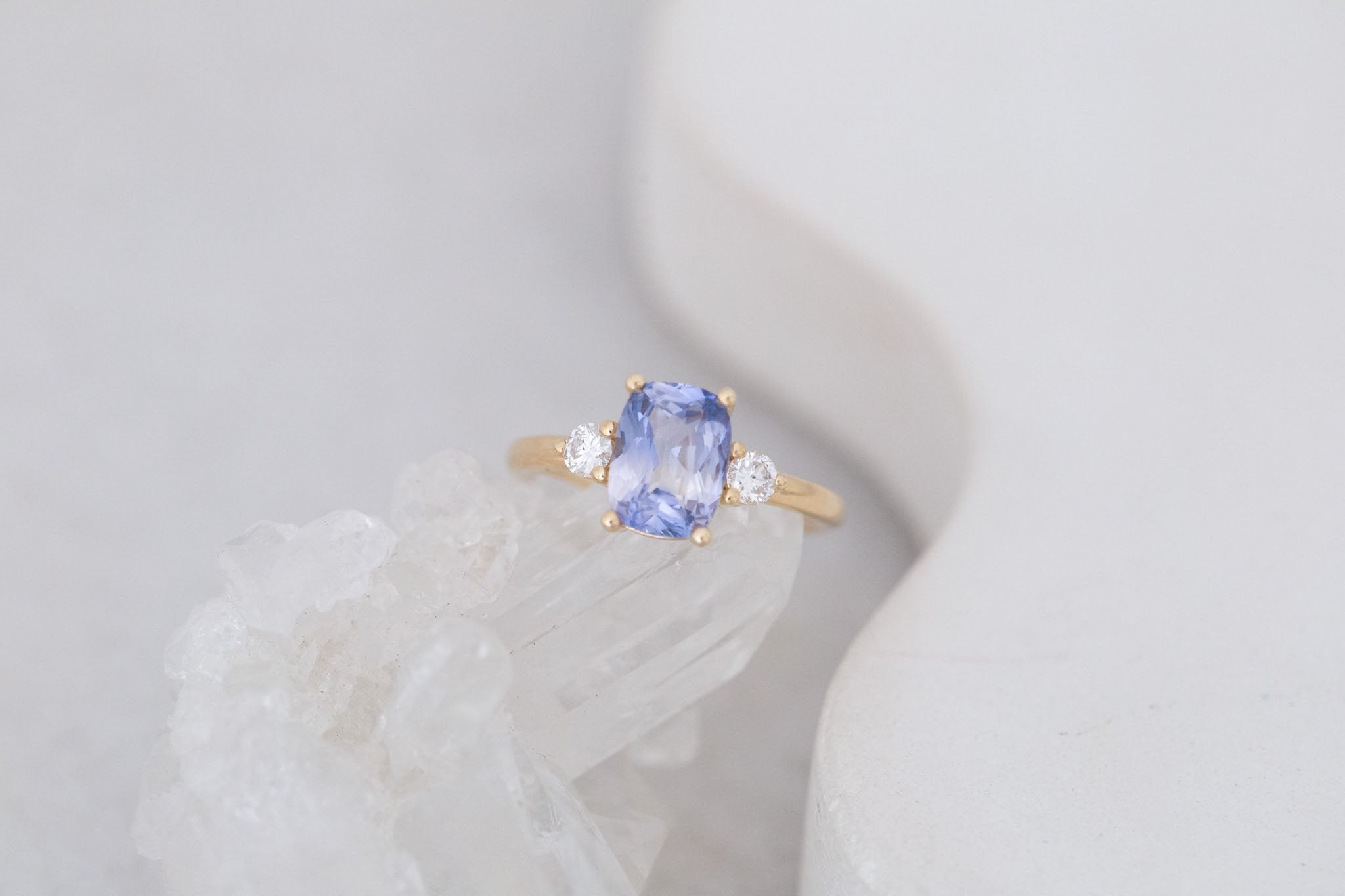 Maeve Ring | Bicolor Lavender Cushion Sapphire + Round Diamond Accent Engagement Ring 2.52 ct | 14k Recycled Gold | One of a Kind