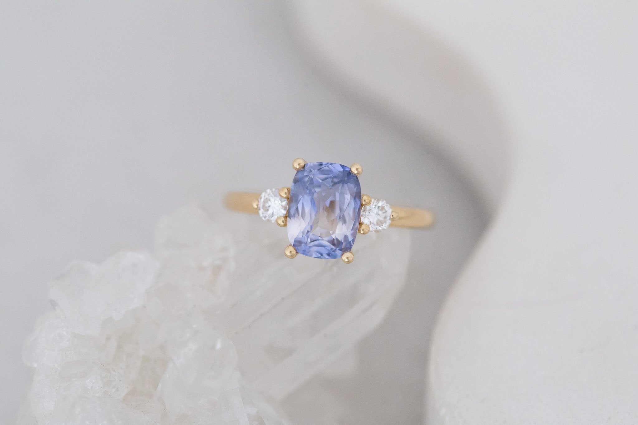 Maeve Ring | Bicolor Lavender Cushion Sapphire + Round Diamond Accent Engagement Ring 2.52 ct | 14k Recycled Gold | One of a Kind