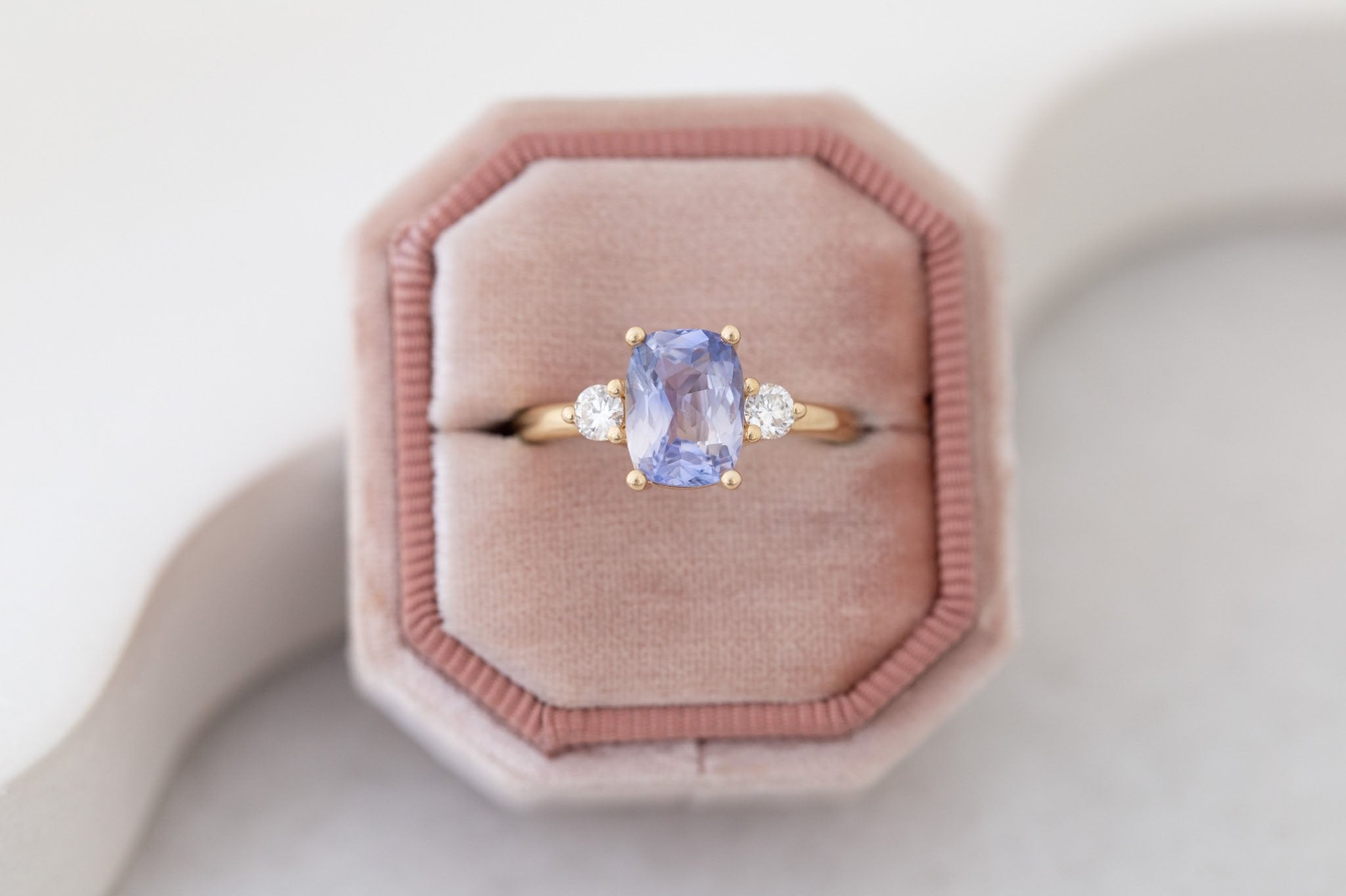 Maeve Ring | Bicolor Lavender Cushion Sapphire + Round Diamond Accent Engagement Ring 2.52 ct | 14k Recycled Gold | One of a Kind