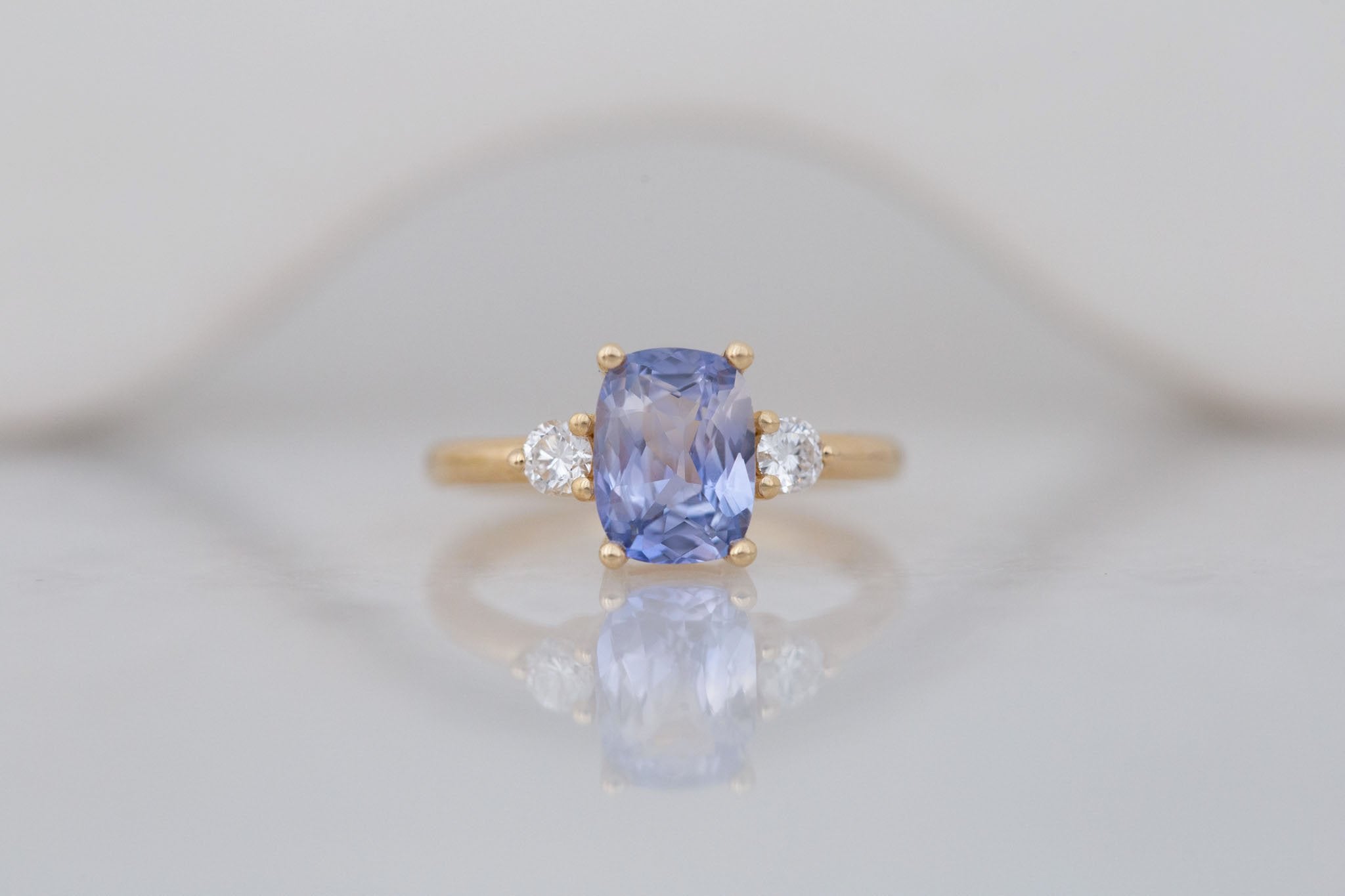 Maeve Ring | Bicolor Lavender Cushion Sapphire + Round Diamond Accent Engagement Ring 2.52 ct | 14k Recycled Gold | One of a Kind