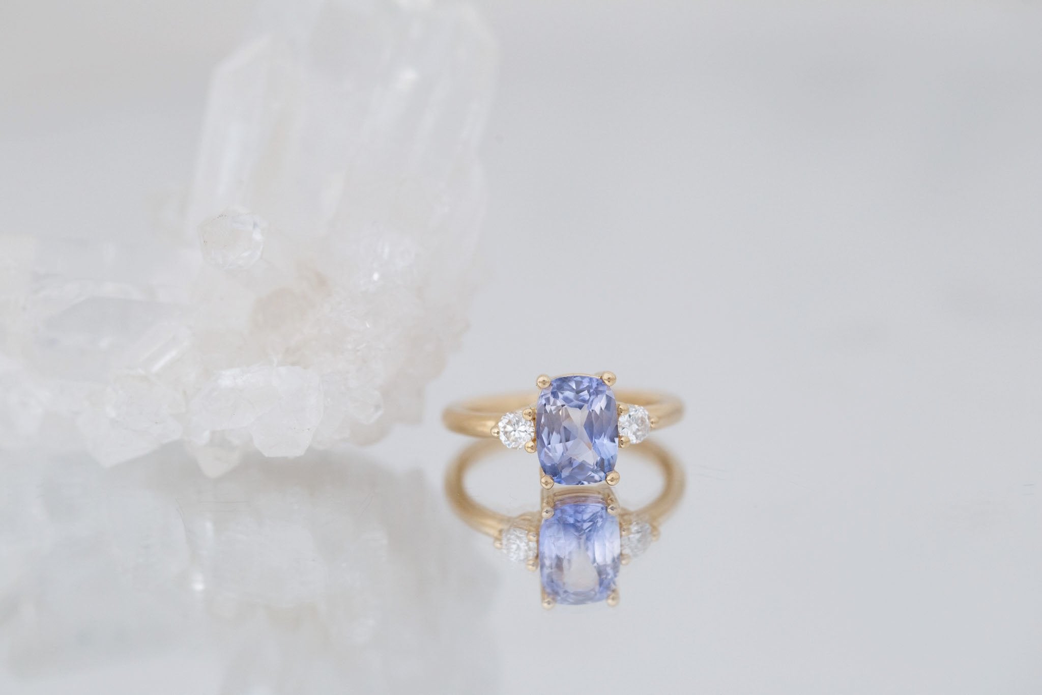 Maeve Ring | Bicolor Lavender Cushion Sapphire + Round Diamond Accent Engagement Ring 2.52 ct | 14k Recycled Gold | One of a Kind