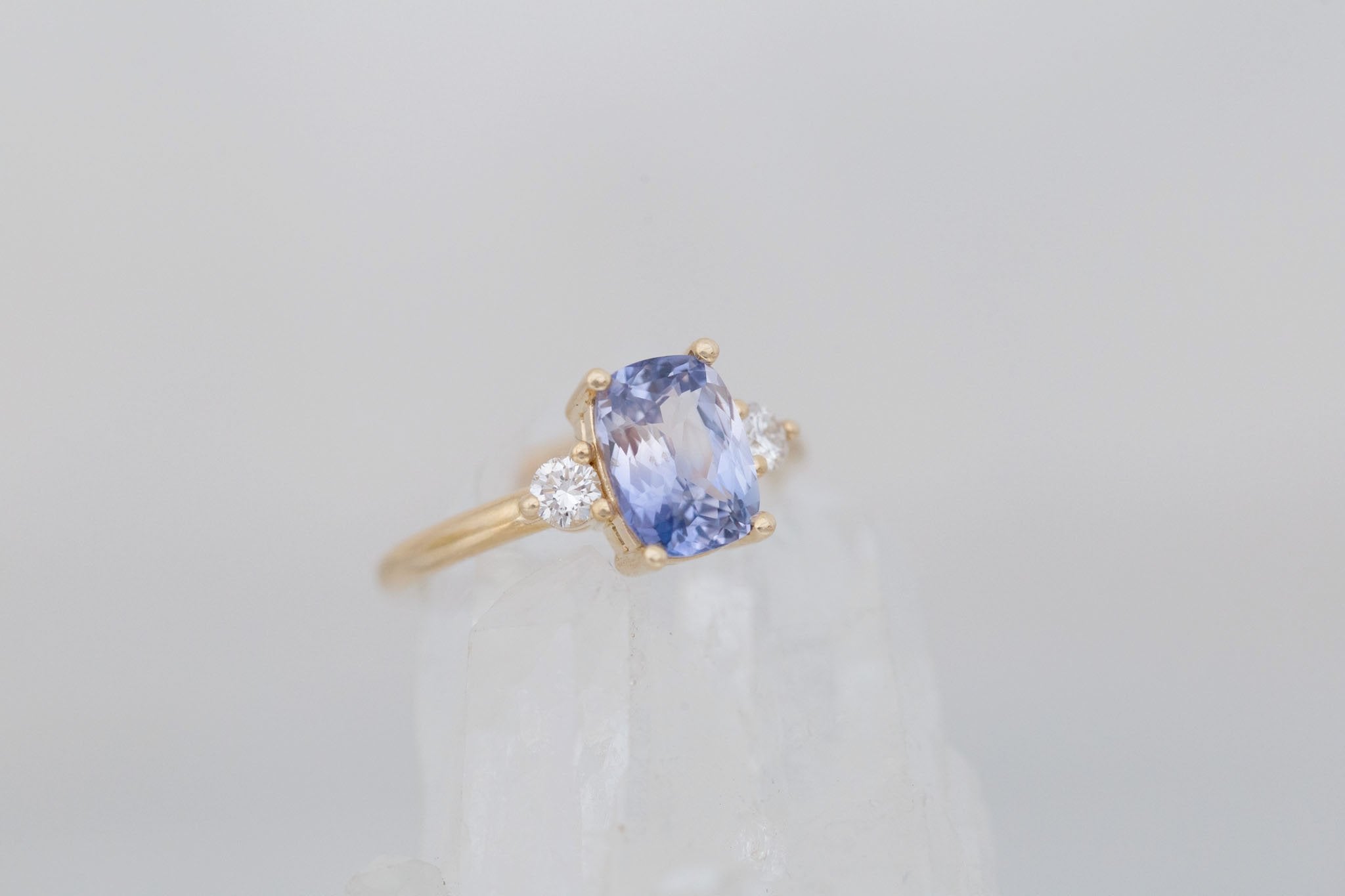 Maeve Ring | Bicolor Lavender Cushion Sapphire + Round Diamond Accent Engagement Ring 2.52 ct | 14k Recycled Gold | One of a Kind