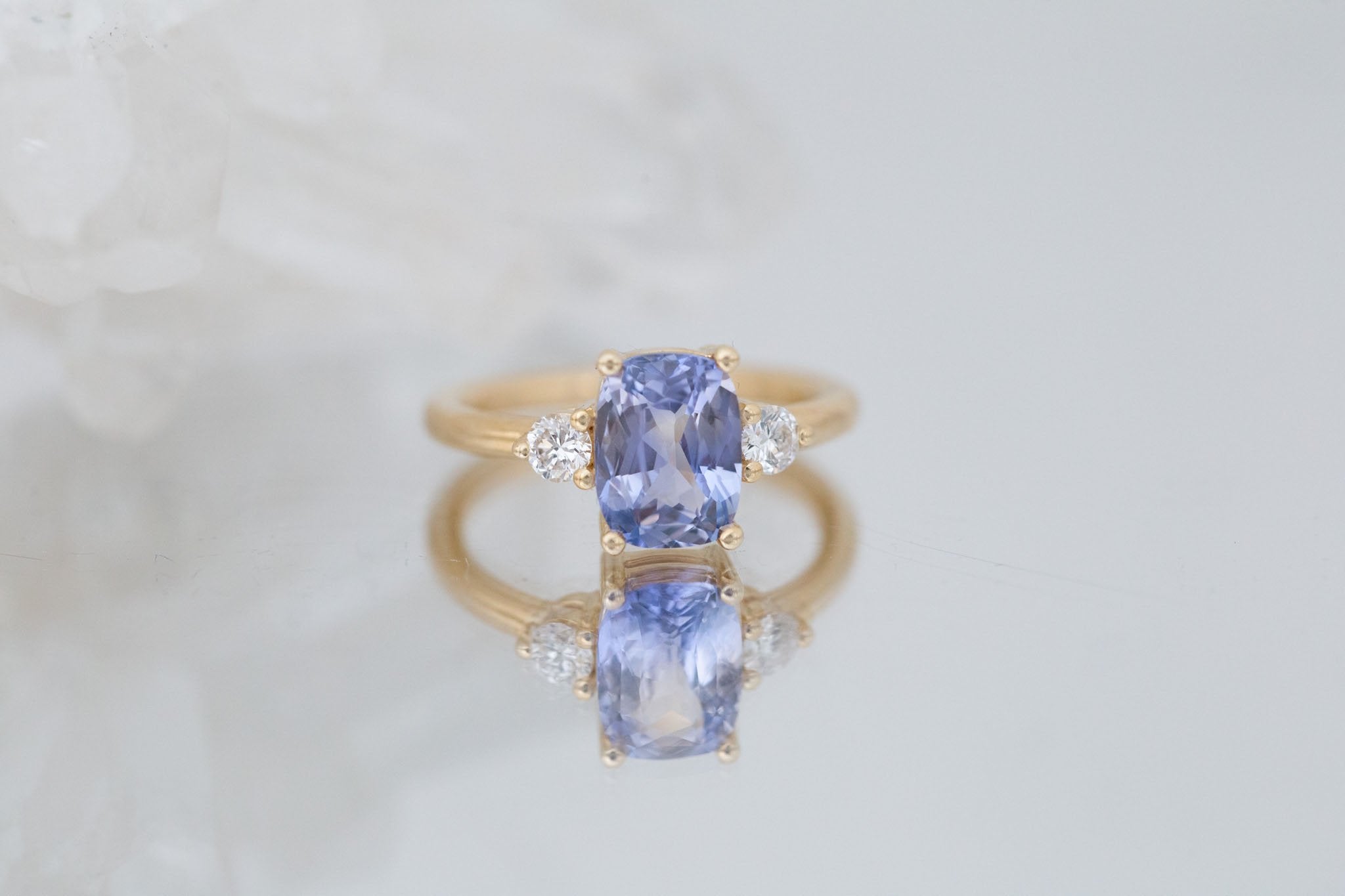 Maeve Ring | Bicolor Lavender Cushion Sapphire + Round Diamond Accent Engagement Ring 2.52 ct | 14k Recycled Gold | One of a Kind