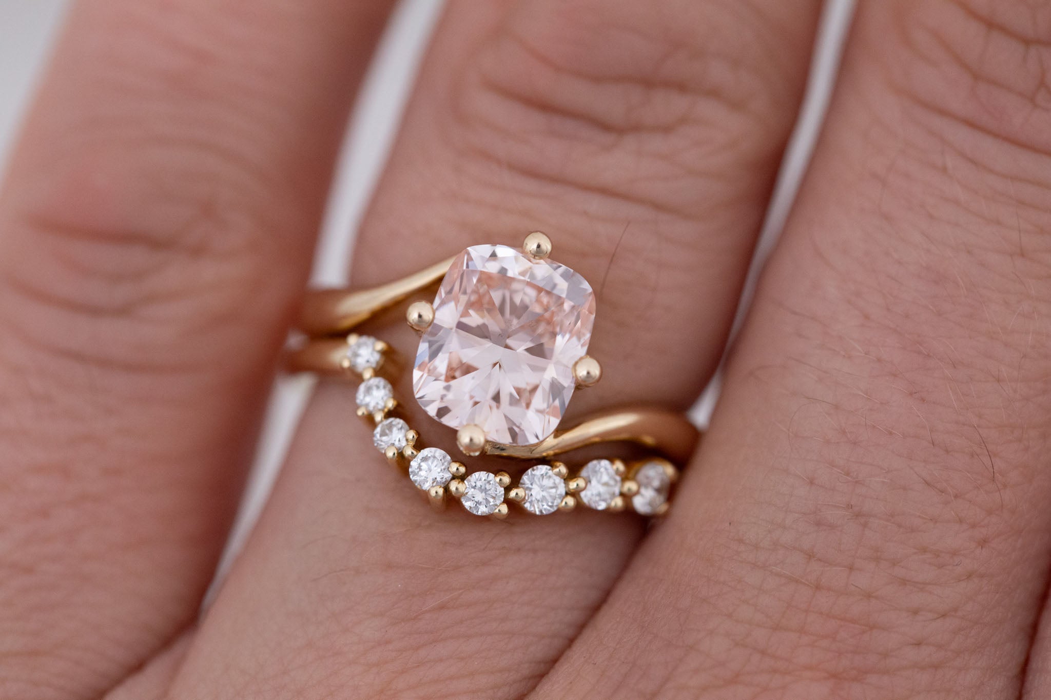 Marin Ring | Lab Pink Diamond Cushion Cut Bypass Engagement Ring 2.52 ct | 14k Recycled Gold | One of a Kind