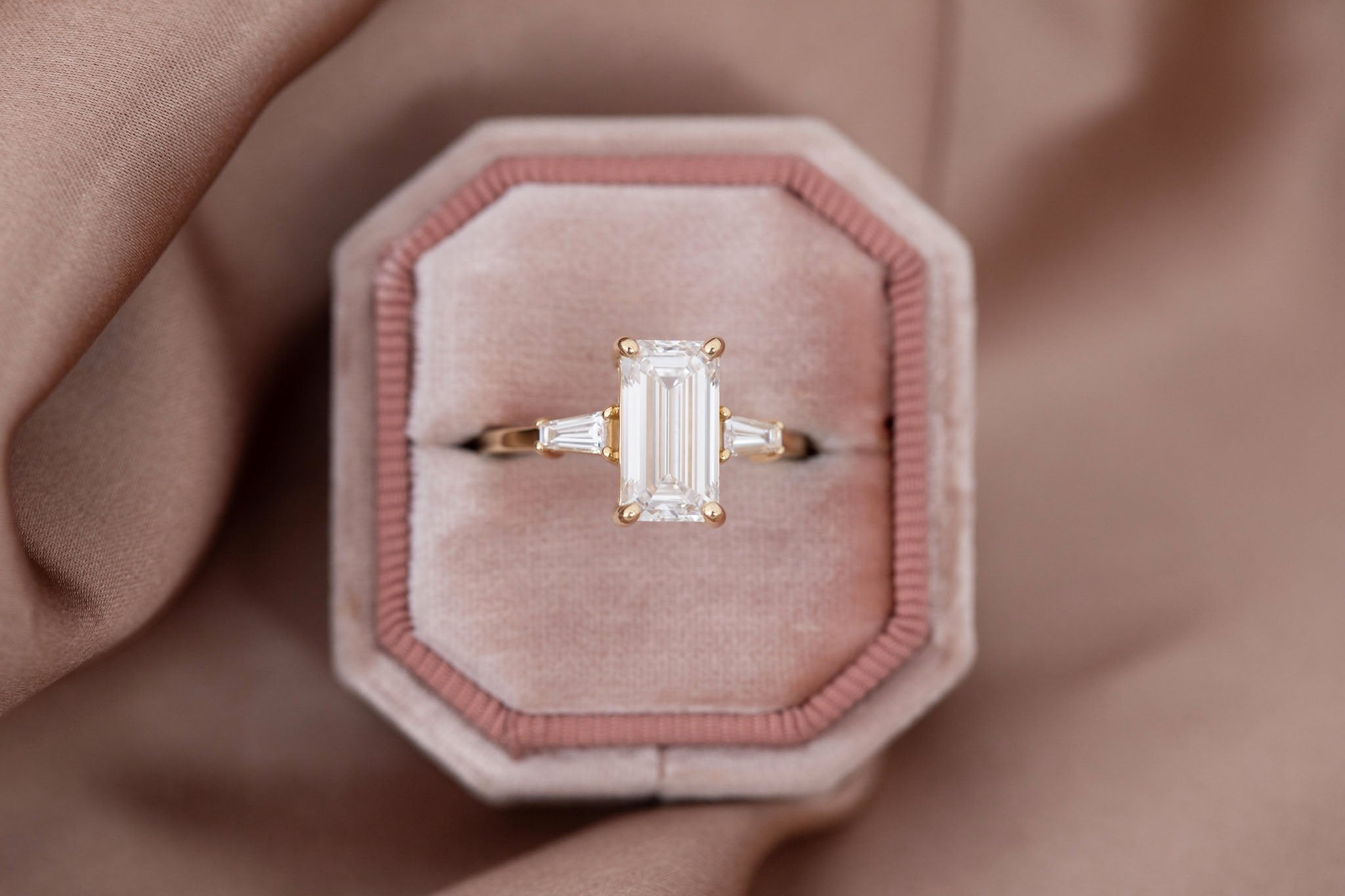 Marlowe Ring | Lab Emerald Cut Diamond + Tapered Baguette Lab Diamond Accent Engagement Ring 2.55 ct | 14k Recycled Gold | One of a Kind
