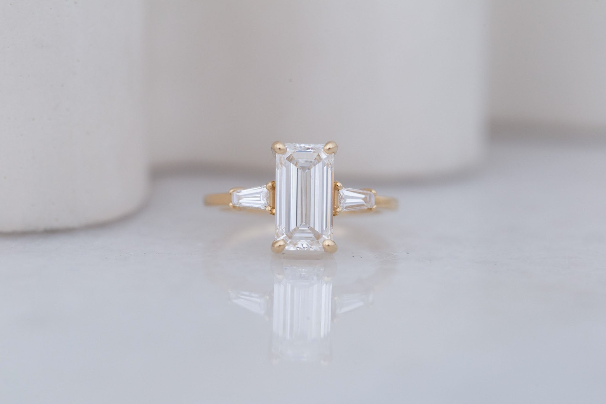 Marlowe Ring | Lab Emerald Cut Diamond + Tapered Baguette Lab Diamond Accent Engagement Ring 2.55 ct | 14k Recycled Gold | One of a Kind