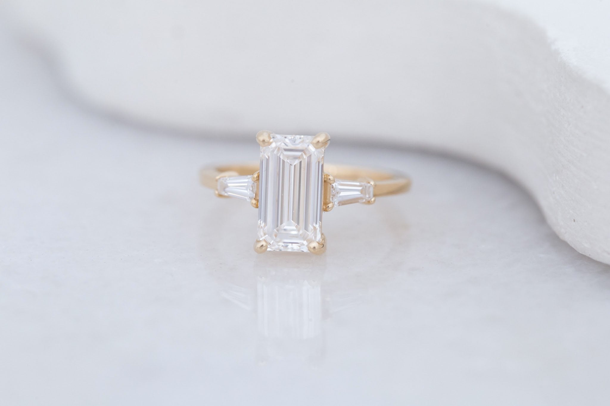 Marlowe Ring | Lab Emerald Cut Diamond + Tapered Baguette Lab Diamond Accent Engagement Ring 2.55 ct | 14k Recycled Gold | One of a Kind