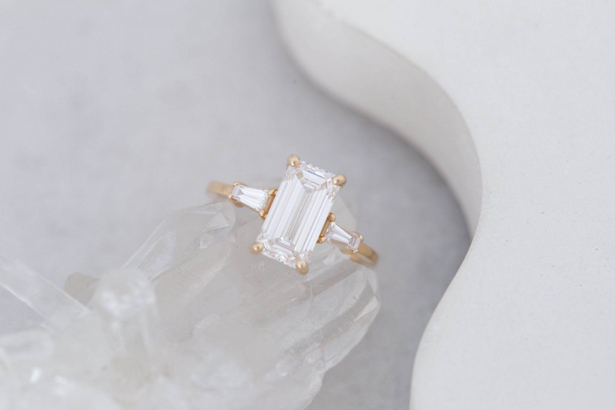 Marlowe Ring | Lab Emerald Cut Diamond + Tapered Baguette Lab Diamond Accent Engagement Ring 2.55 ct | 14k Recycled Gold | One of a Kind