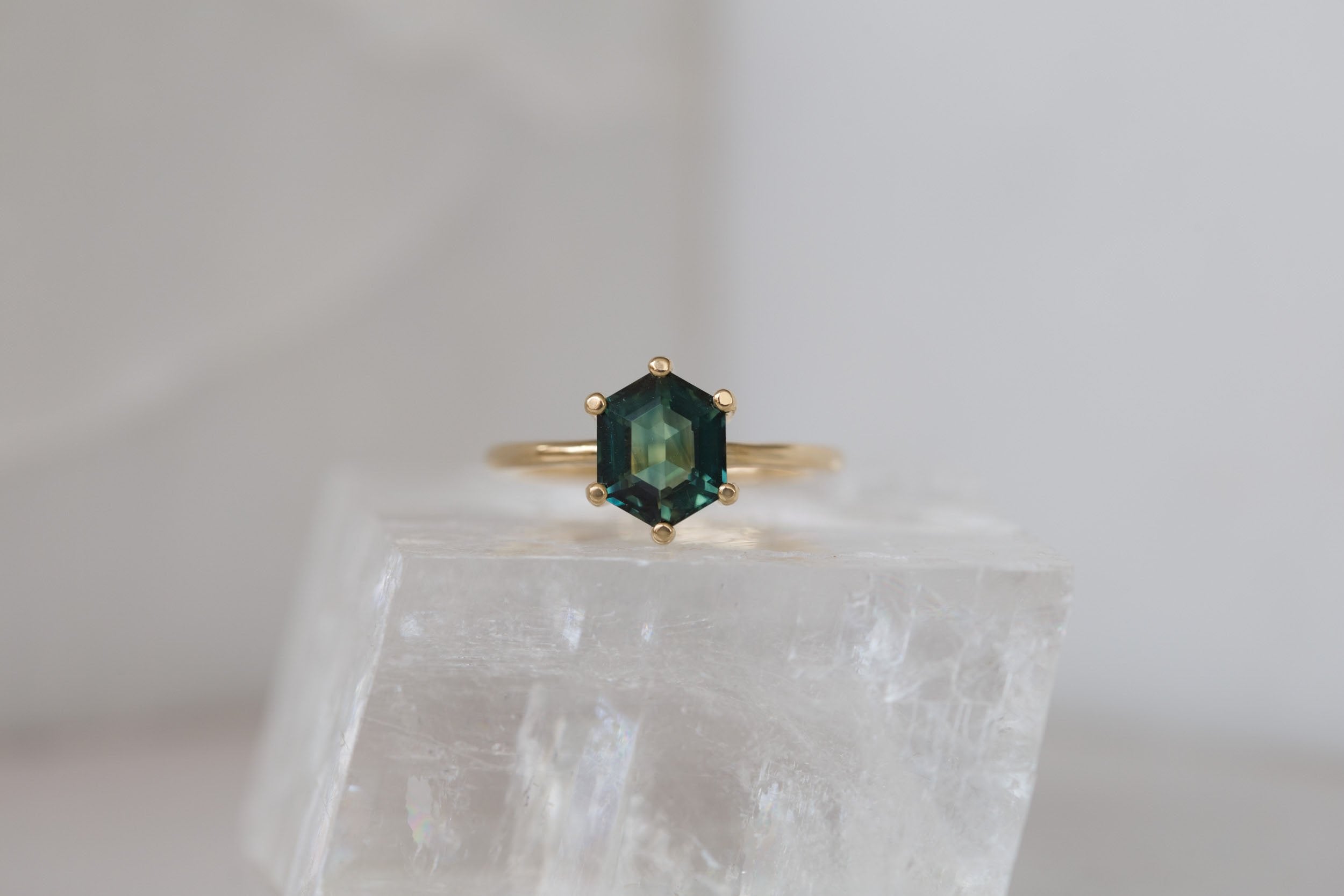 Mesa Ring | Dark Teal Step Cut Hexagon Sapphire Solitaire Engagement Ring 2.55 ct | 14k Recycled Gold | One of a Kind