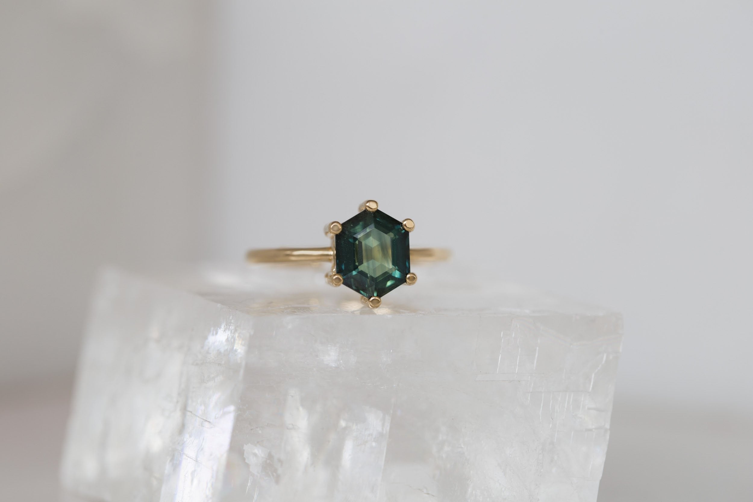 Mesa Ring | Dark Teal Step Cut Hexagon Sapphire Solitaire Engagement Ring 2.55 ct | 14k Recycled Gold | One of a Kind