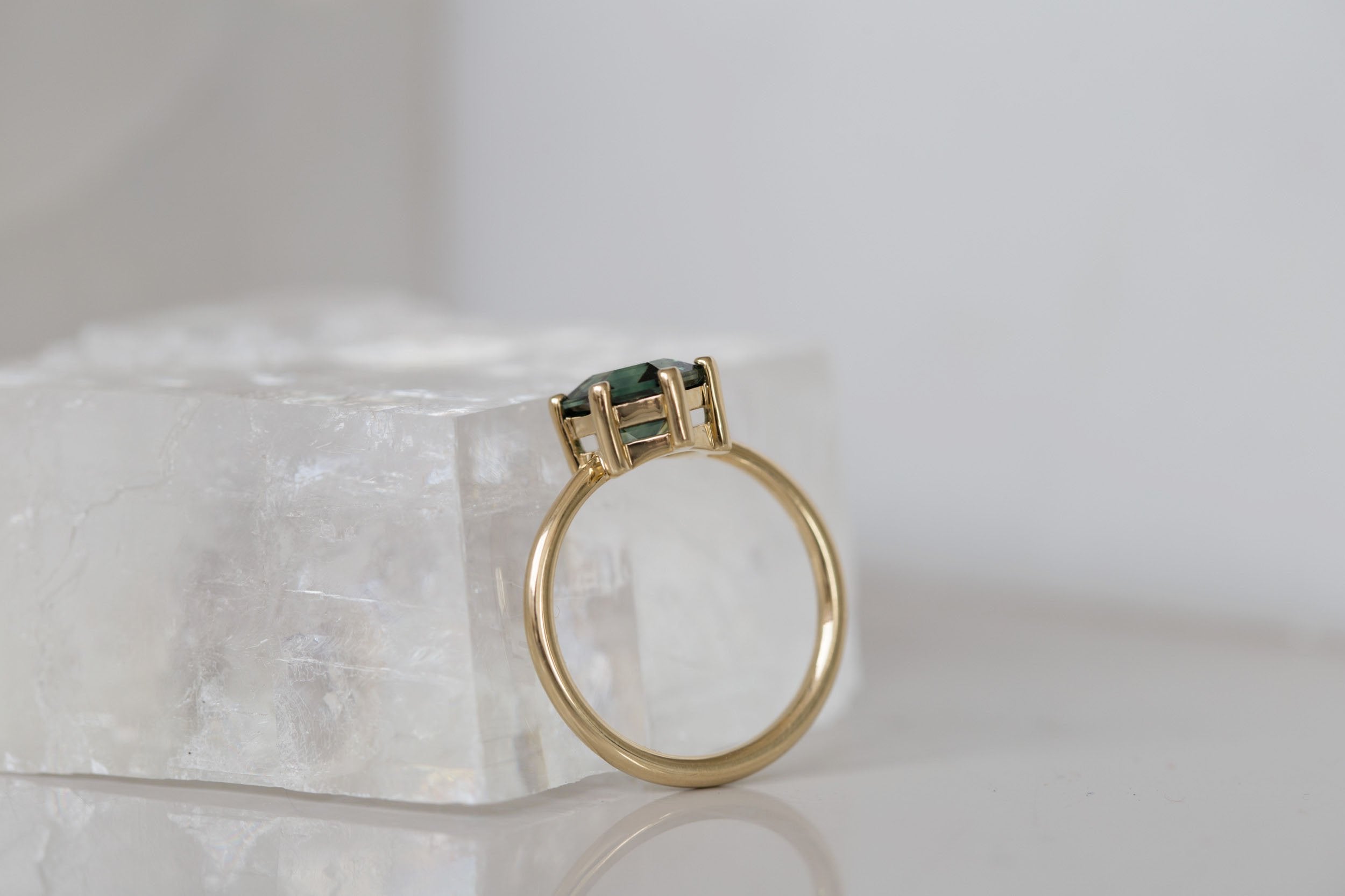 Mesa Ring | Dark Teal Step Cut Hexagon Sapphire Solitaire Engagement Ring 2.55 ct | 14k Recycled Gold | One of a Kind