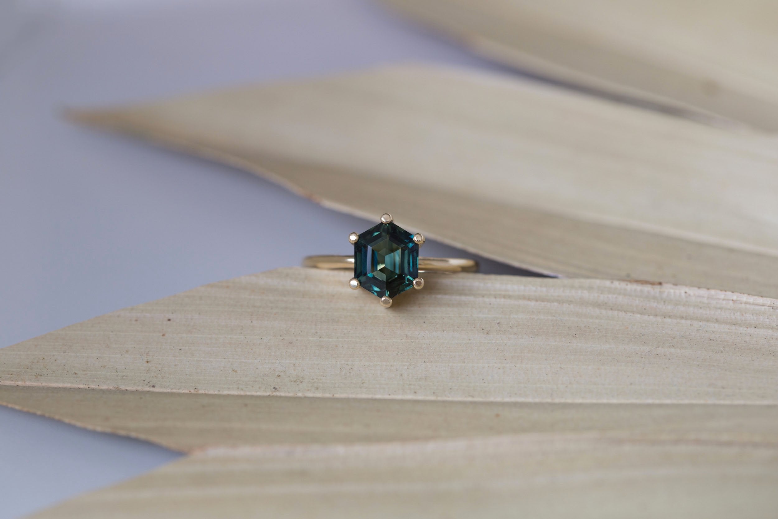 Mesa Ring | Dark Teal Step Cut Hexagon Sapphire Solitaire Engagement Ring 2.55 ct | 14k Recycled Gold | One of a Kind