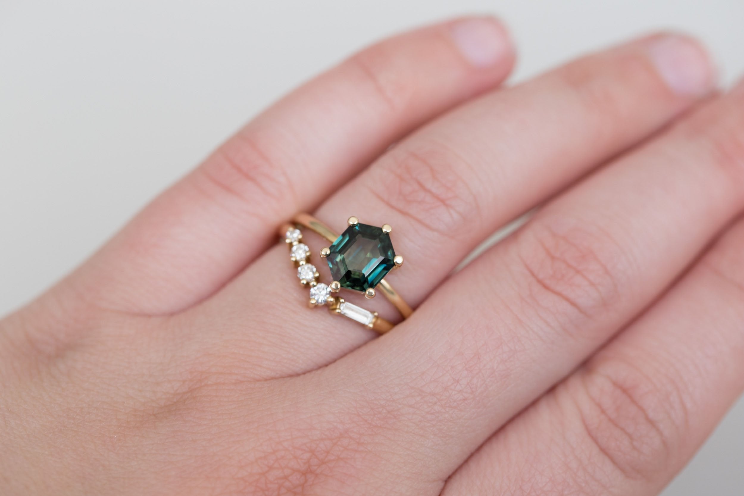 Mesa Ring | Dark Teal Step Cut Hexagon Sapphire Solitaire Engagement Ring 2.55 ct | 14k Recycled Gold | One of a Kind