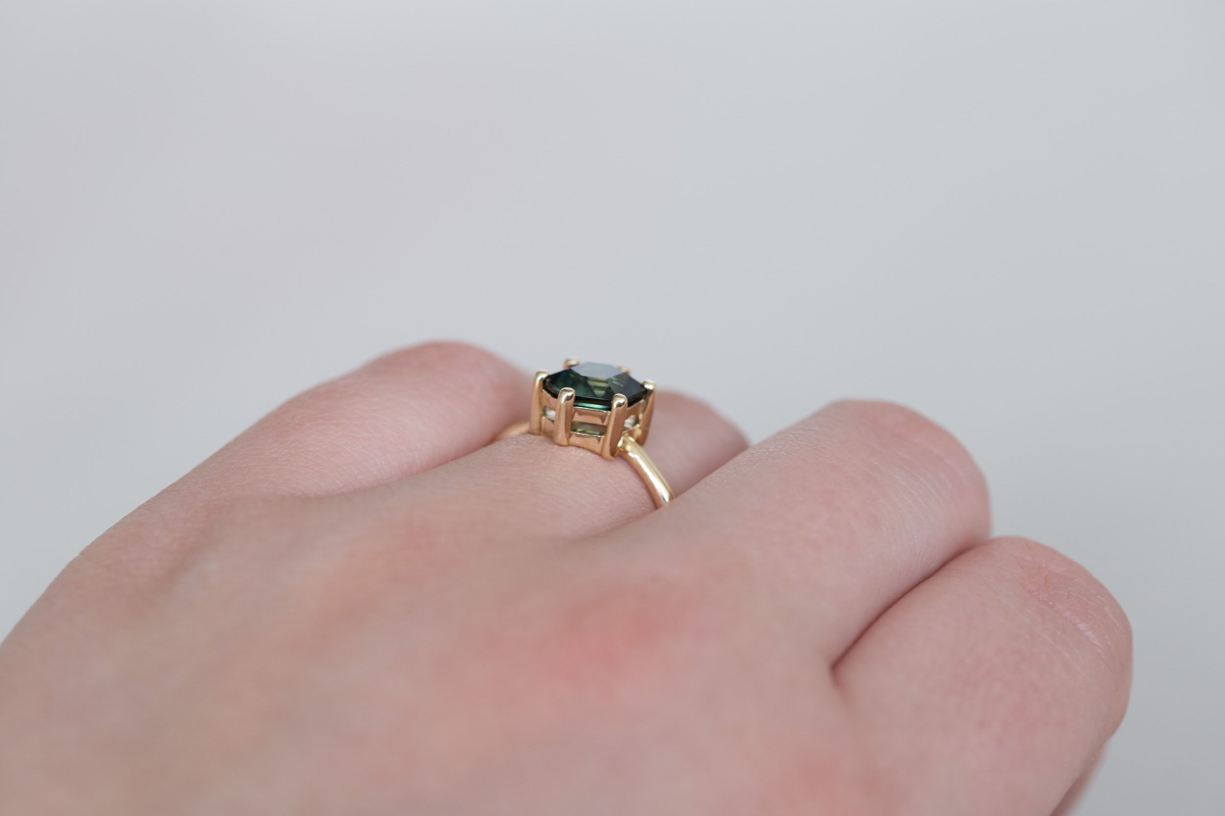 Mesa Ring | Dark Teal Step Cut Hexagon Sapphire Solitaire Engagement Ring 2.55 ct | 14k Recycled Gold | One of a Kind