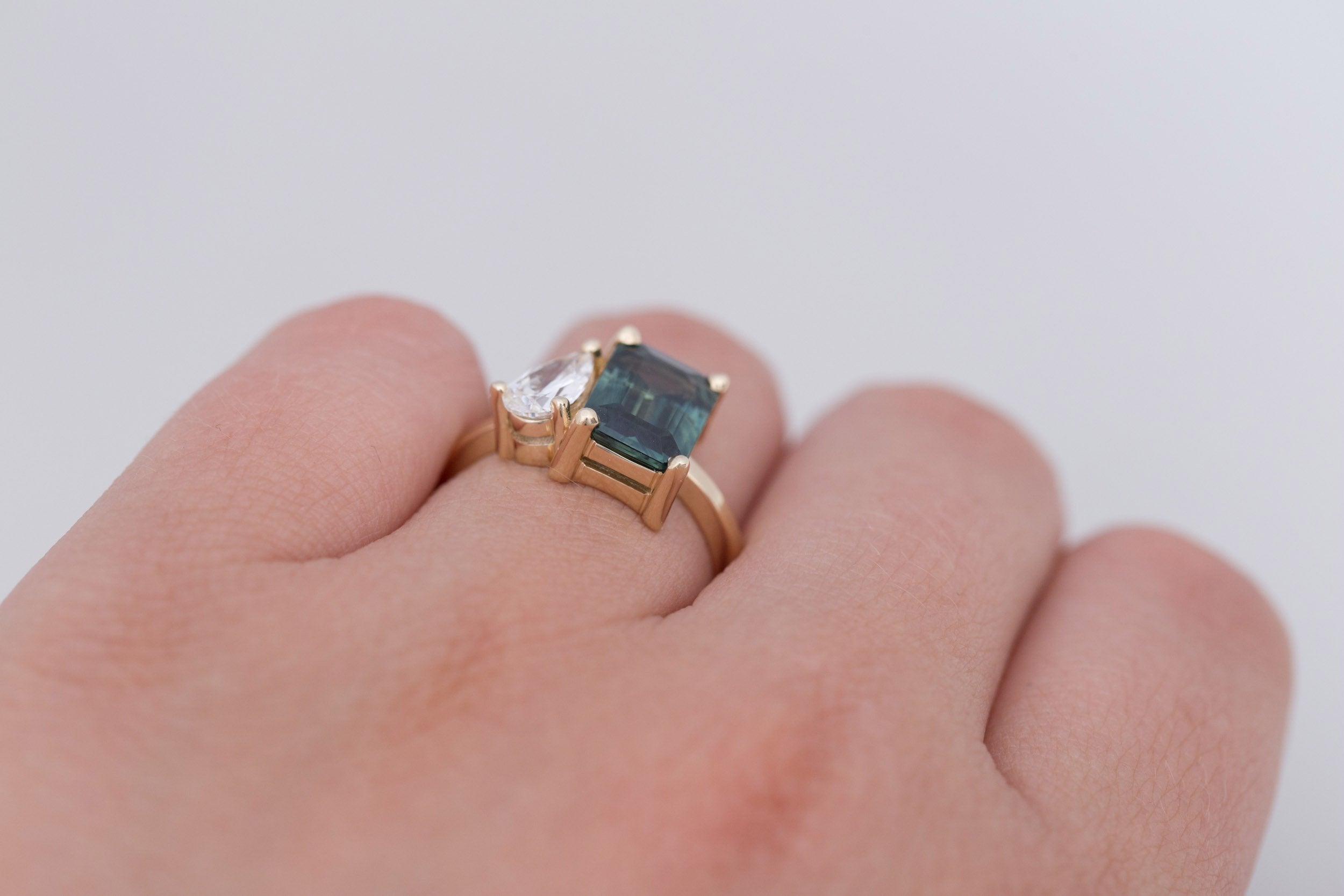 Liana Ring | Teal Emerald Cut Sapphire + Pear Diamond Engagement Ring | 14k Recycled Gold | One of a Kind