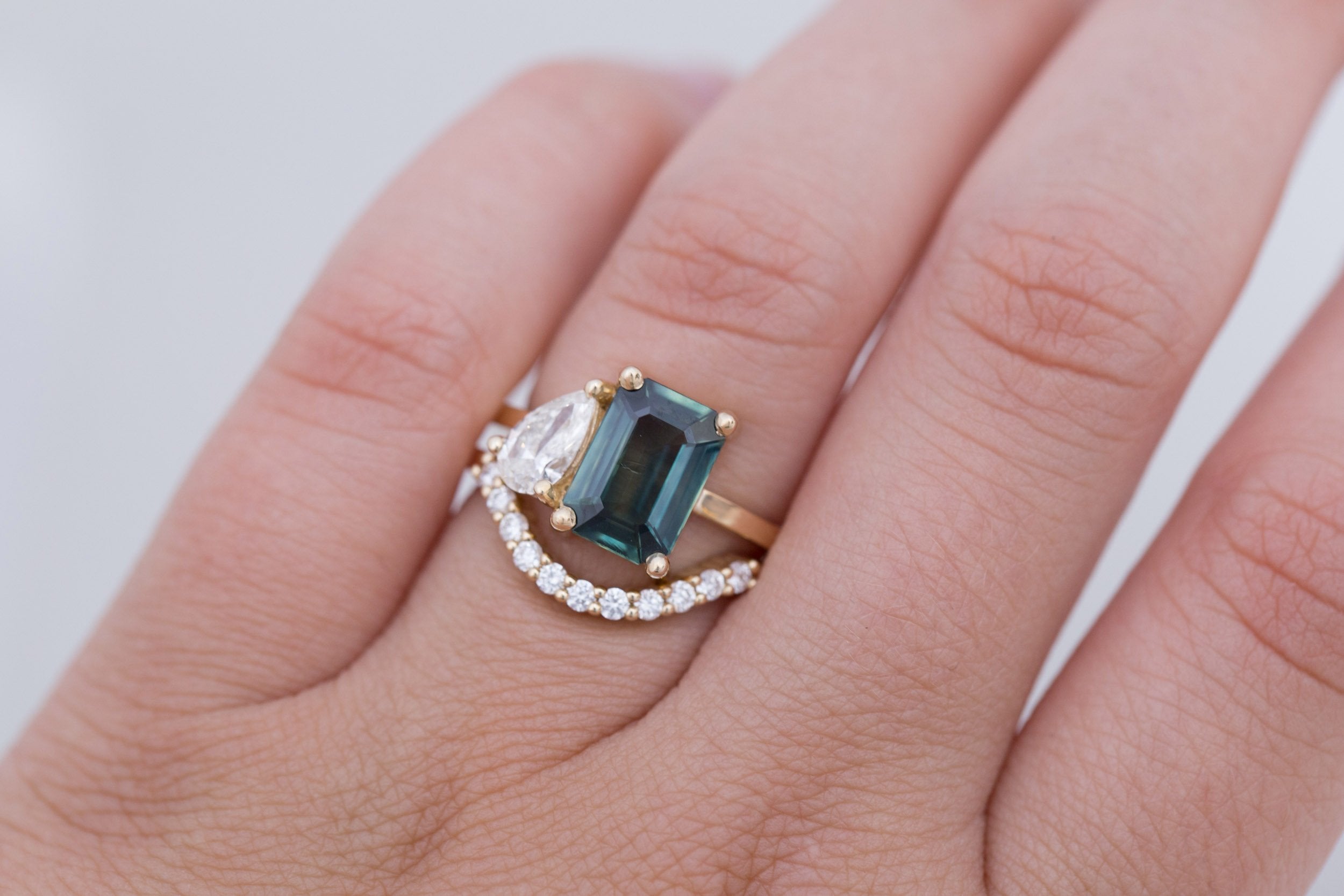 Liana Ring | Teal Emerald Cut Sapphire + Pear Diamond Engagement Ring | 14k Recycled Gold | One of a Kind