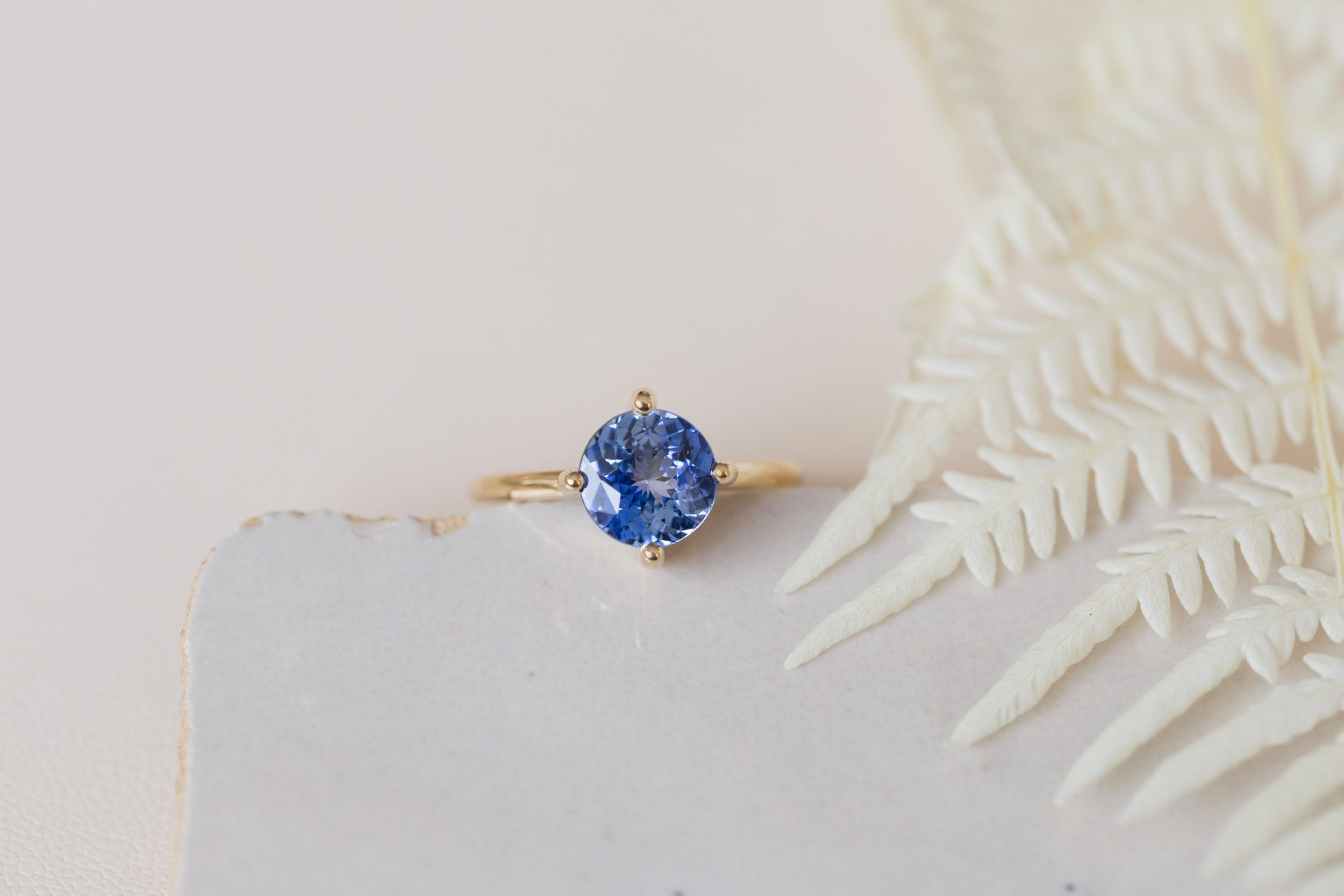 Leta Ring | Round Blue Sapphire Compass Set Solitaire Engagement Ring 2.58 ct | 14k Recycled Gold | One of a Kind