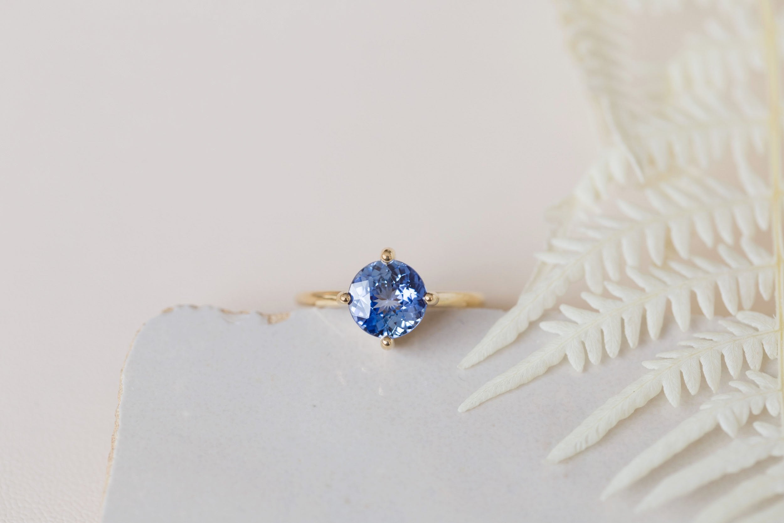 Leta Ring | Round Blue Sapphire Compass Set Solitaire Engagement Ring 2.58 ct | 14k Recycled Gold | One of a Kind