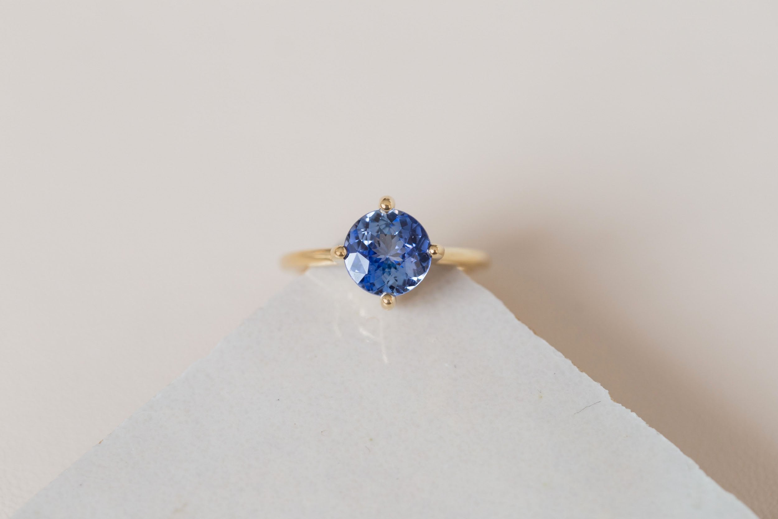 Leta Ring | Round Blue Sapphire Compass Set Solitaire Engagement Ring 2.58 ct | 14k Recycled Gold | One of a Kind