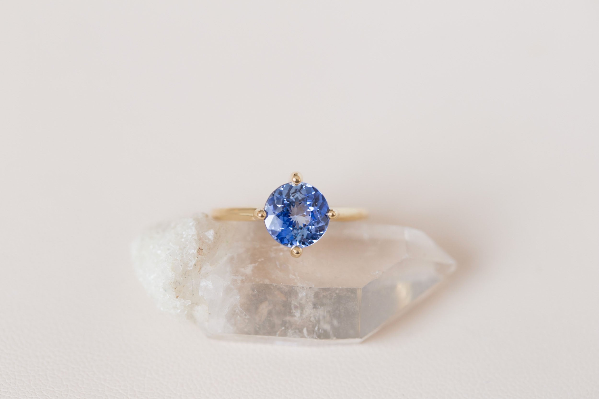 Leta Ring | Round Blue Sapphire Compass Set Solitaire Engagement Ring 2.58 ct | 14k Recycled Gold | One of a Kind
