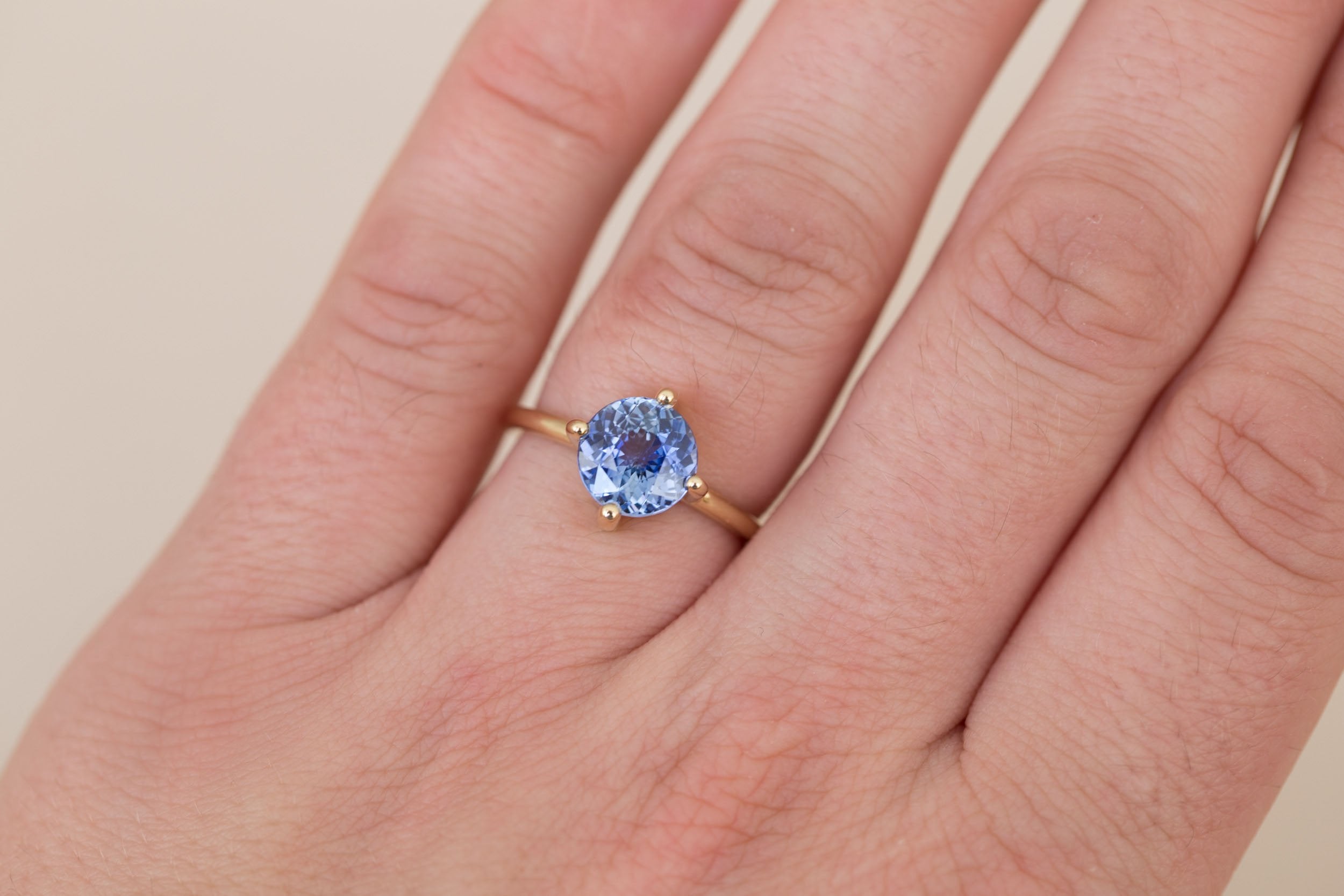 Leta Ring | Round Blue Sapphire Compass Set Solitaire Engagement Ring 2.58 ct | 14k Recycled Gold | One of a Kind