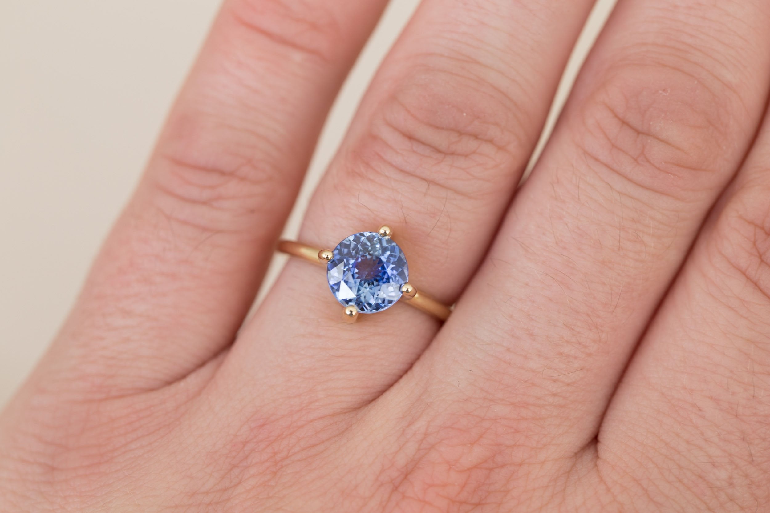 Leta Ring | Round Blue Sapphire Compass Set Solitaire Engagement Ring 2.58 ct | 14k Recycled Gold | One of a Kind