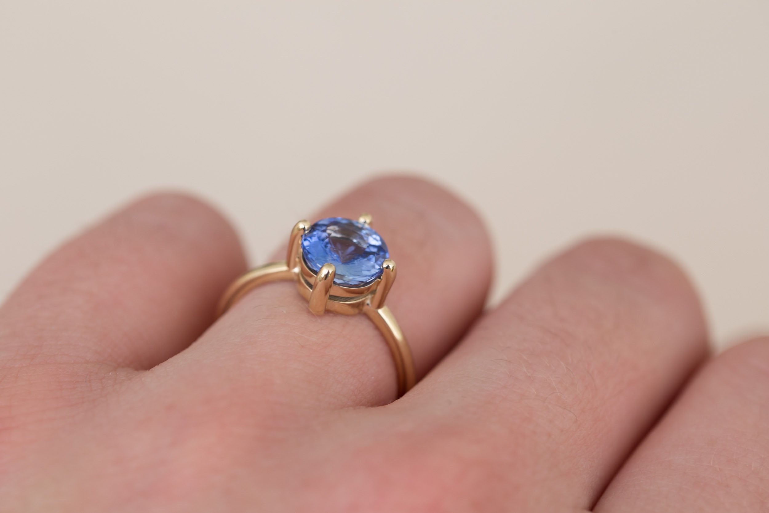 Leta Ring | Round Blue Sapphire Compass Set Solitaire Engagement Ring 2.58 ct | 14k Recycled Gold | One of a Kind