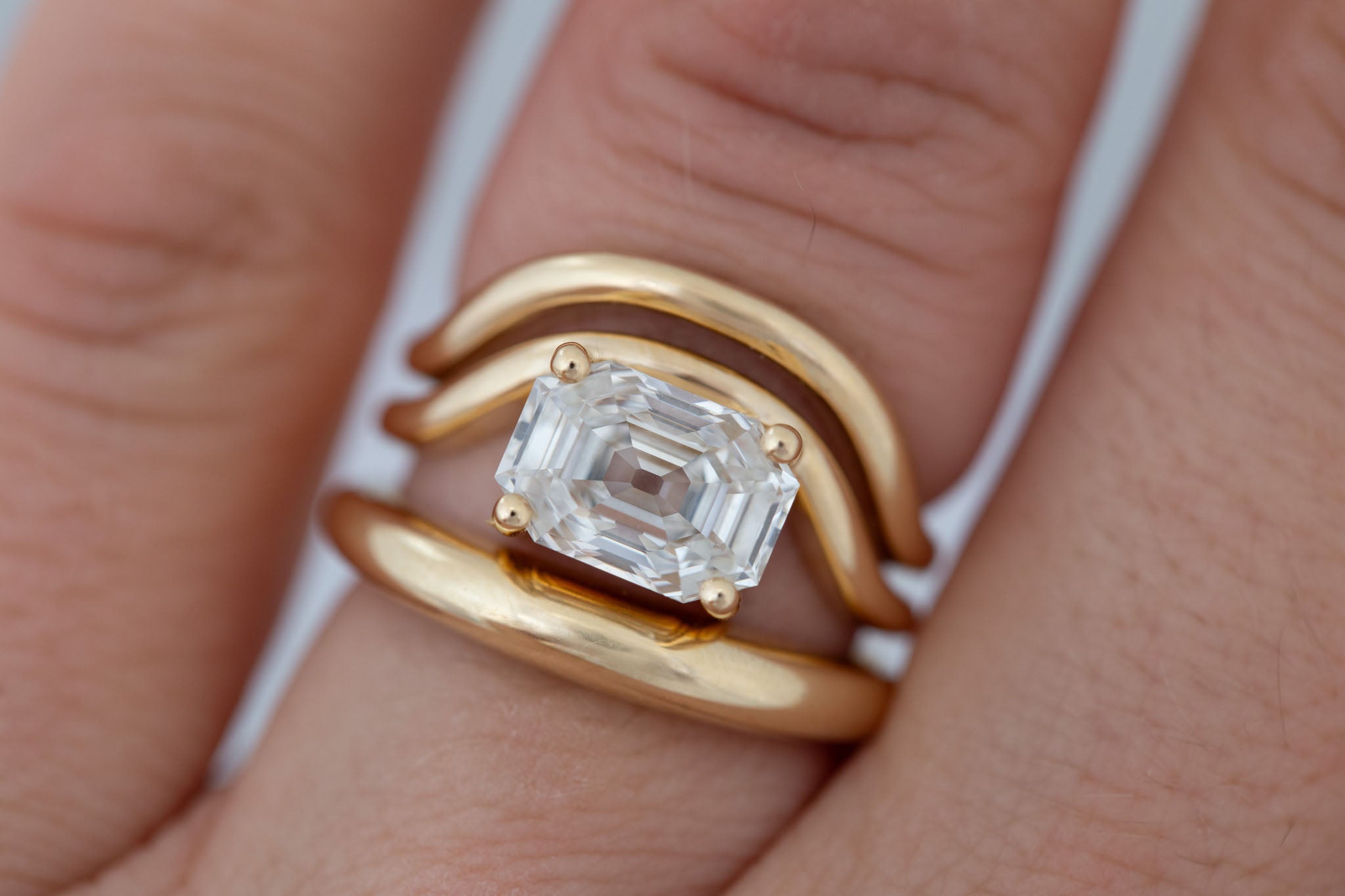 Hayes Ring | Lab Emerald Cut Solitaire + Double Curved Band Engagement Ring 2.59 ct | 14k Recycled Gold | One of a Kind
