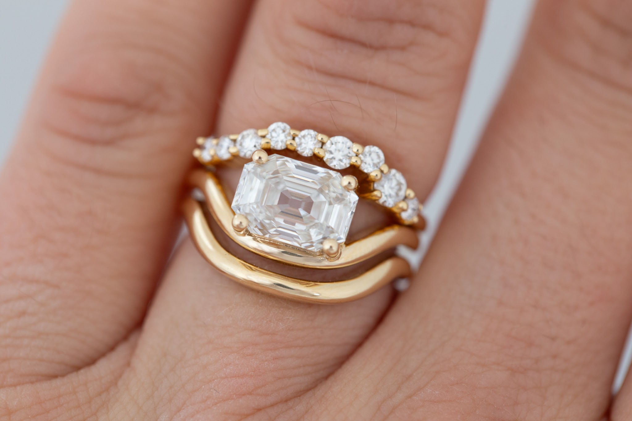 Hayes Ring | Lab Emerald Cut Solitaire + Double Curved Band Engagement Ring 2.59 ct | 14k Recycled Gold | One of a Kind