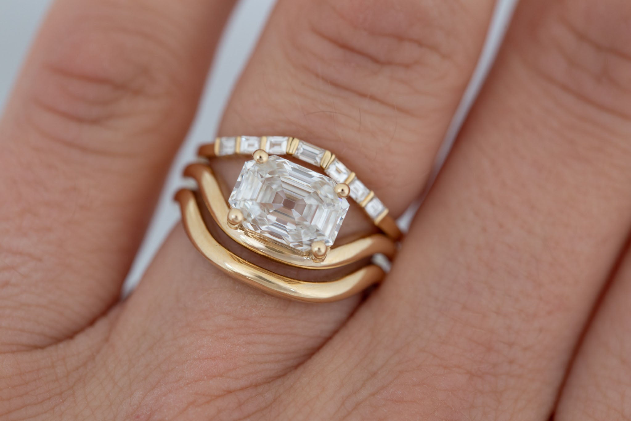 Hayes Ring | Lab Emerald Cut Solitaire + Double Curved Band Engagement Ring 2.59 ct | 14k Recycled Gold | One of a Kind