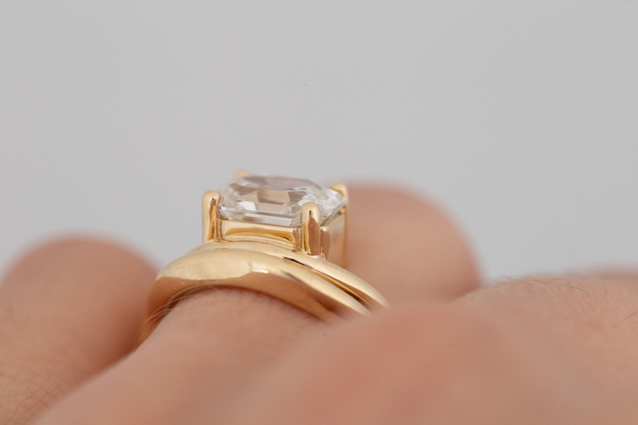 Hayes Ring | Lab Emerald Cut Solitaire + Double Curved Band Engagement Ring 2.59 ct | 14k Recycled Gold | One of a Kind